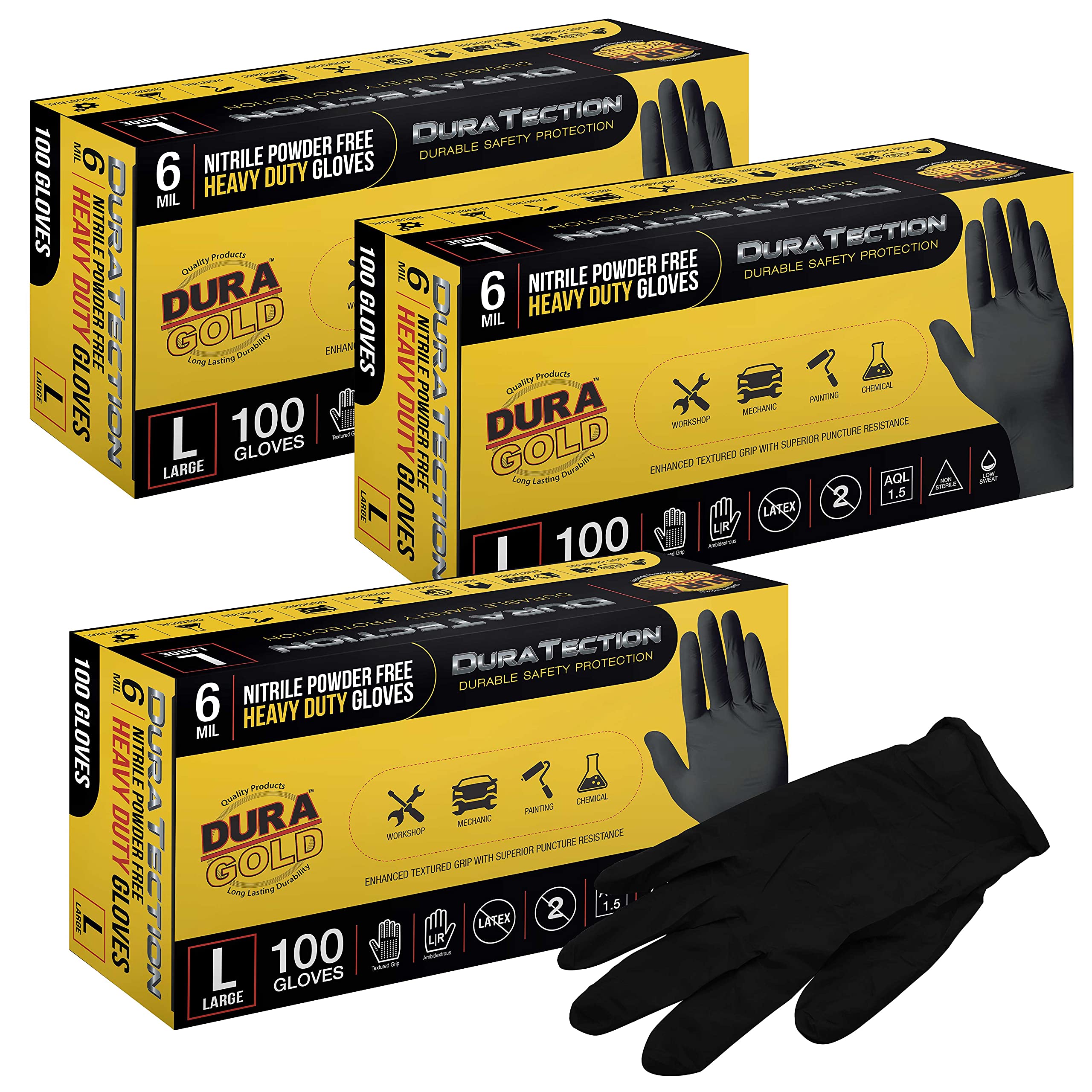 Dura-Gold Heavy Duty Black Nitrile Disposable Gloves, 6 Mil - Latex Free, Powder Free, Textured Grip