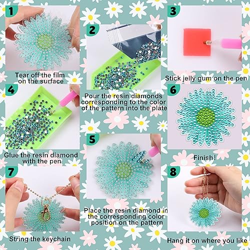 Miniatura 3 de 12 llaveros de pintura de diamantes de flores de primavera con margaritas girasol diamantes llaveros de doble cara llaveros de diamantes de taladro