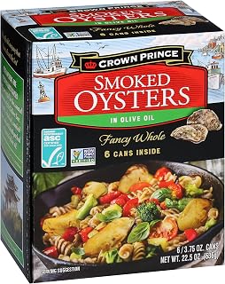 Crown Prince Smoked Oysters in Olive Oil, 3.75oz Cans (Pack of 6) - ASC Certified, Non-GMO, Omega-3 Rich Seafood Snack