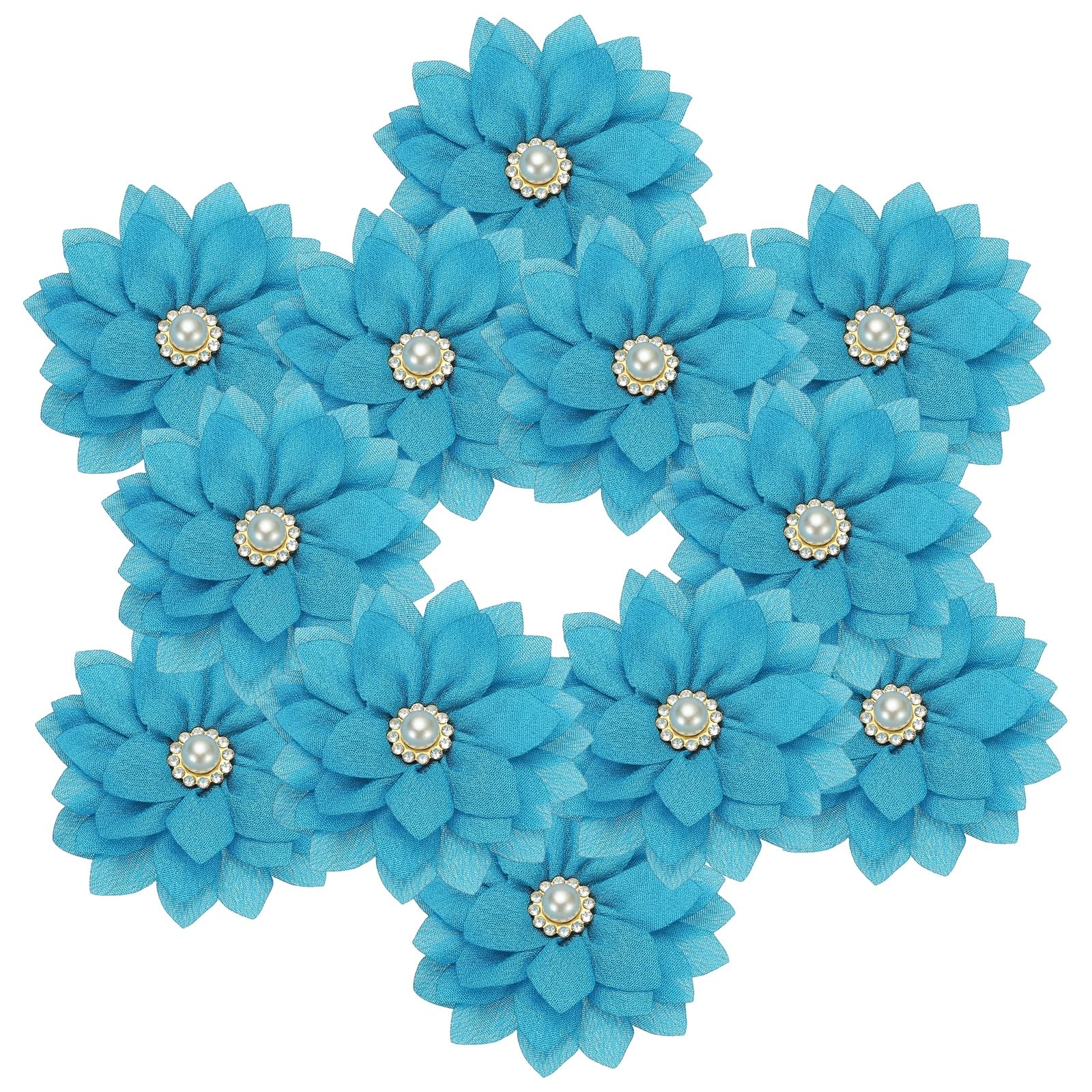 Fleur en mousseline strass bleu lac de 6cm pour accessoire cheveux DIY