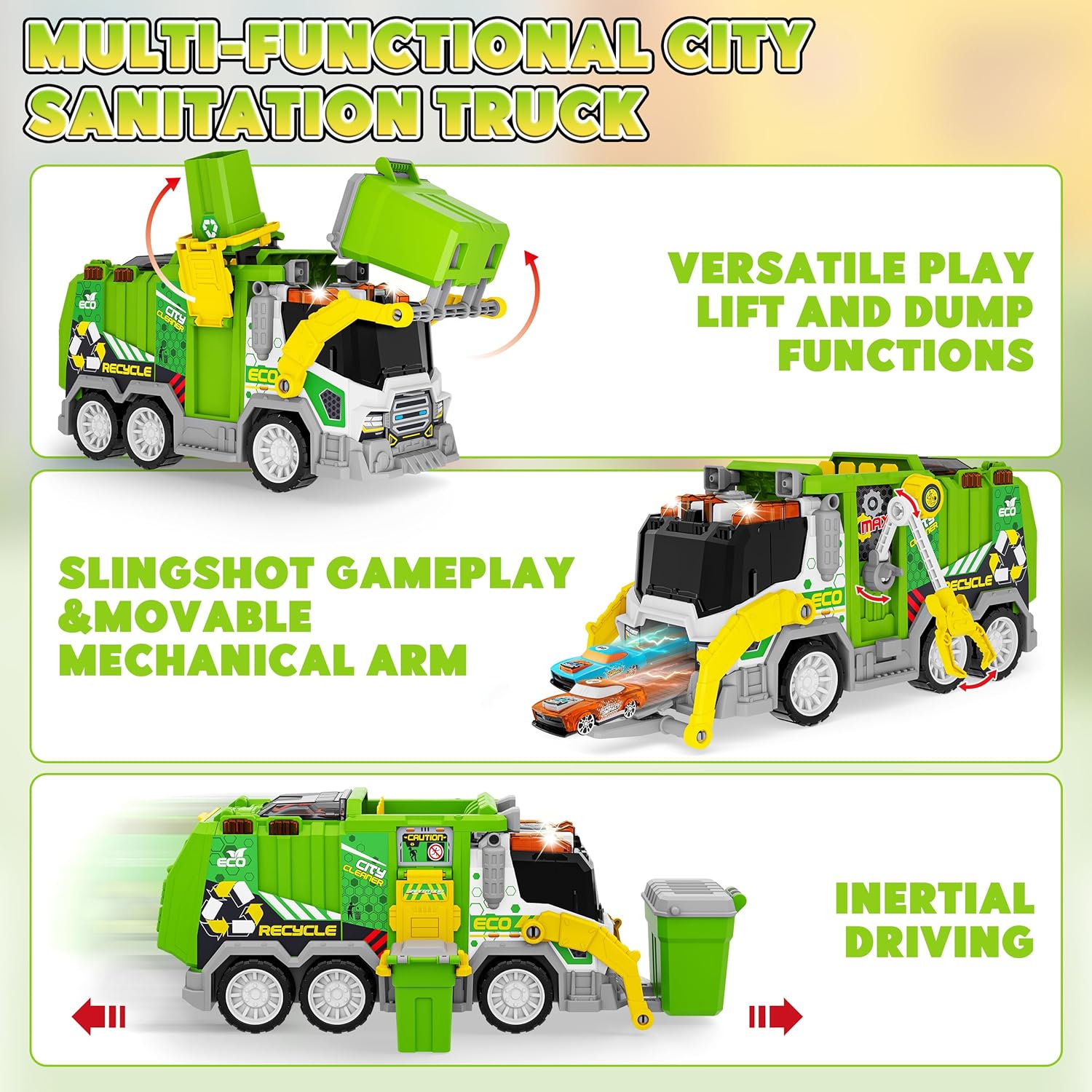 Hony Large Friction Powered Garbage Truck Toy Set with Effect Sound, Includes Dumpster, Trash Bins, 2pcs Ejecting Race Cars, Birthday Gifts for Age 3 4 5 6 7 8 Year Old Boys Kids