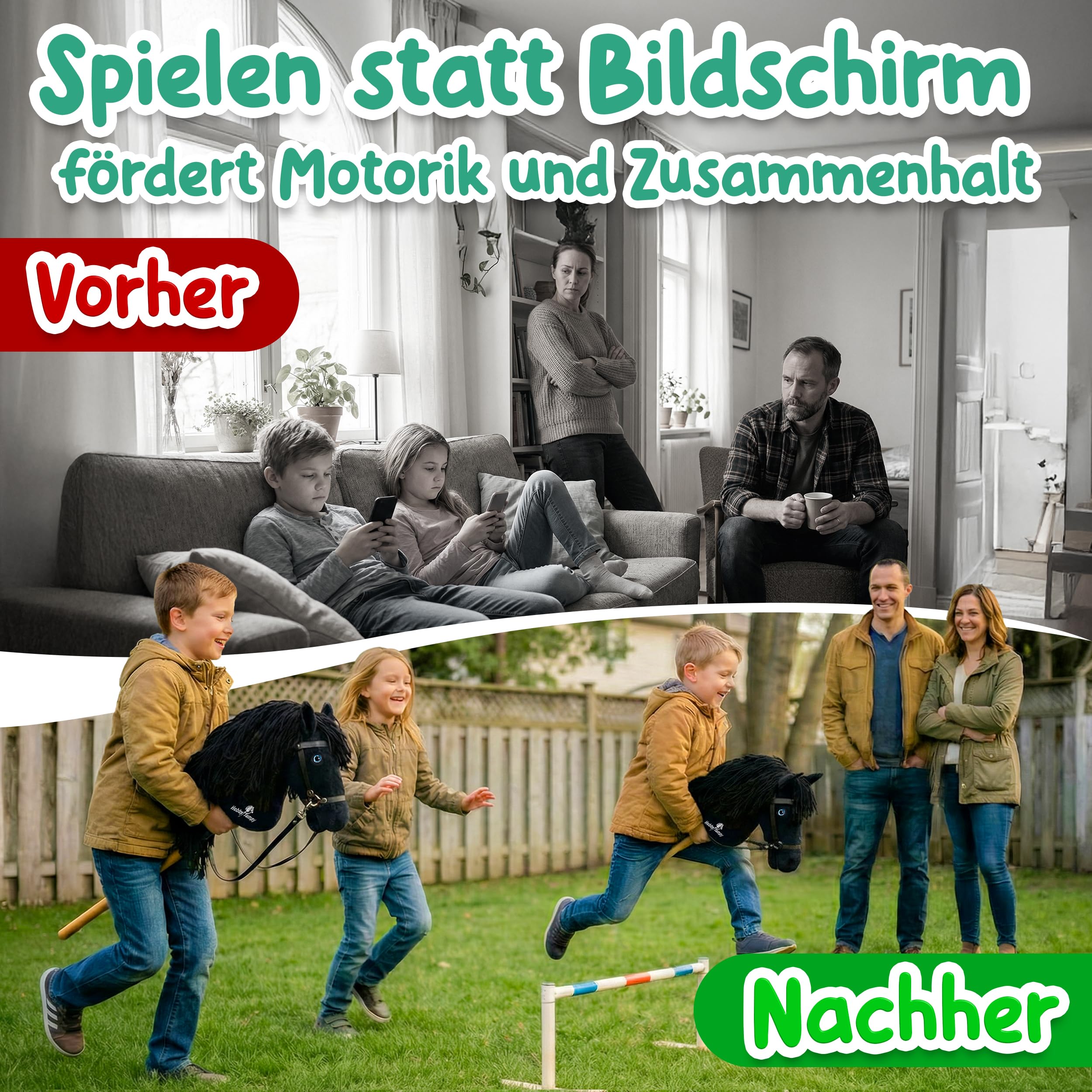Hobby Horse A3 Steckenpferd mit realistischen Augen und Stall-Geschenkbox – Braun oder Schwarz