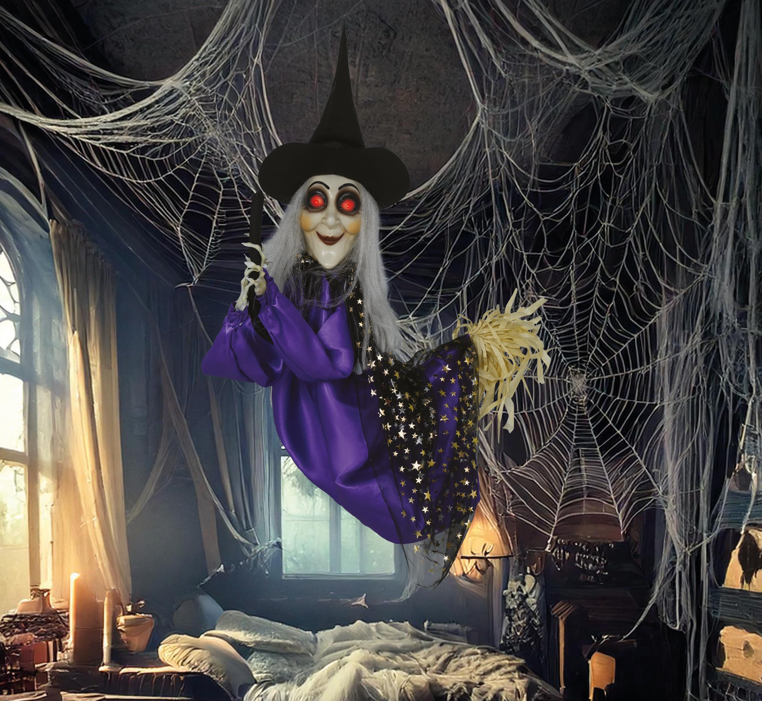 FIESTAS GUIRCA | Hanging Witch with Light, Sound and Movement (29.5 in) - Halloween Decoration for Witch Parties and Spooky Celebrations - Ideal for Creepy Environments - Black