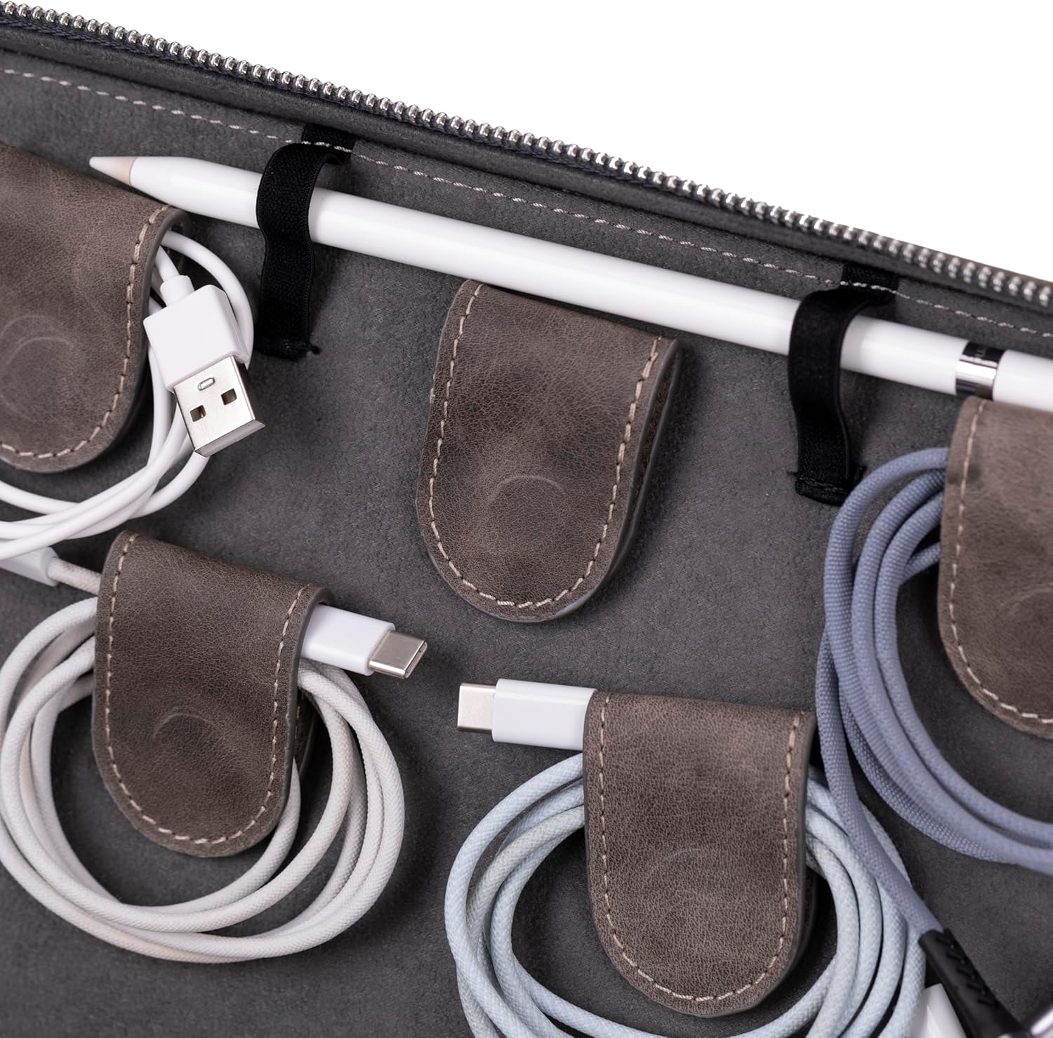 Genuine Leather Cable Organizer Case – Holds Up to 12 Cords, Pens & Accessories – Zippered Travel Pouch for Home, Office & Work Bags – 18x28x2.5 cm – Stylish & Durable (Gray)