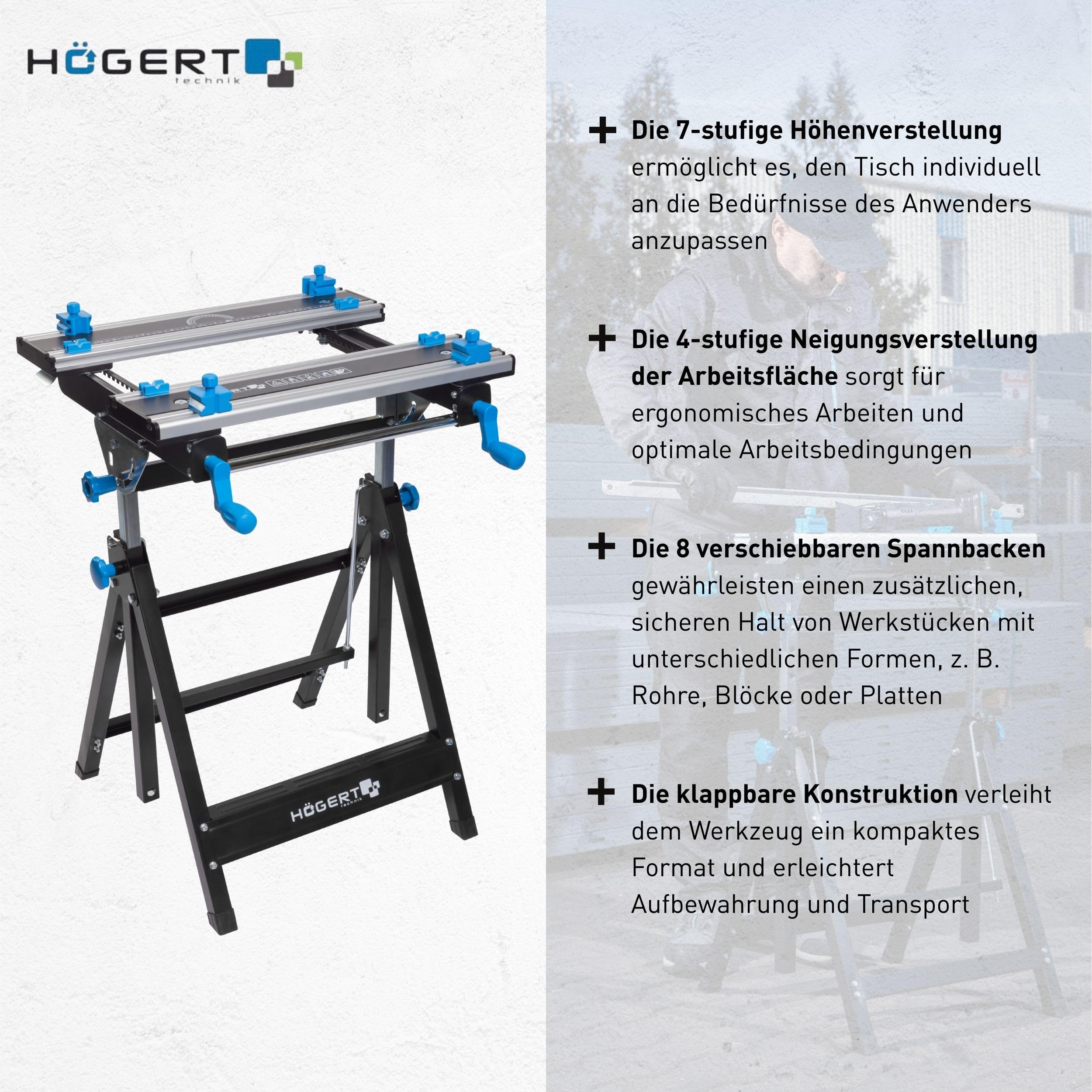 HÖGERT TECHNIK – Klappbarer, höhen- und neigungsverstellbarer Werkstatttisch 600x570x770–1070 mm mit Aluminiumplatte, Spannbacken, Winkelverstellung und Maßskala