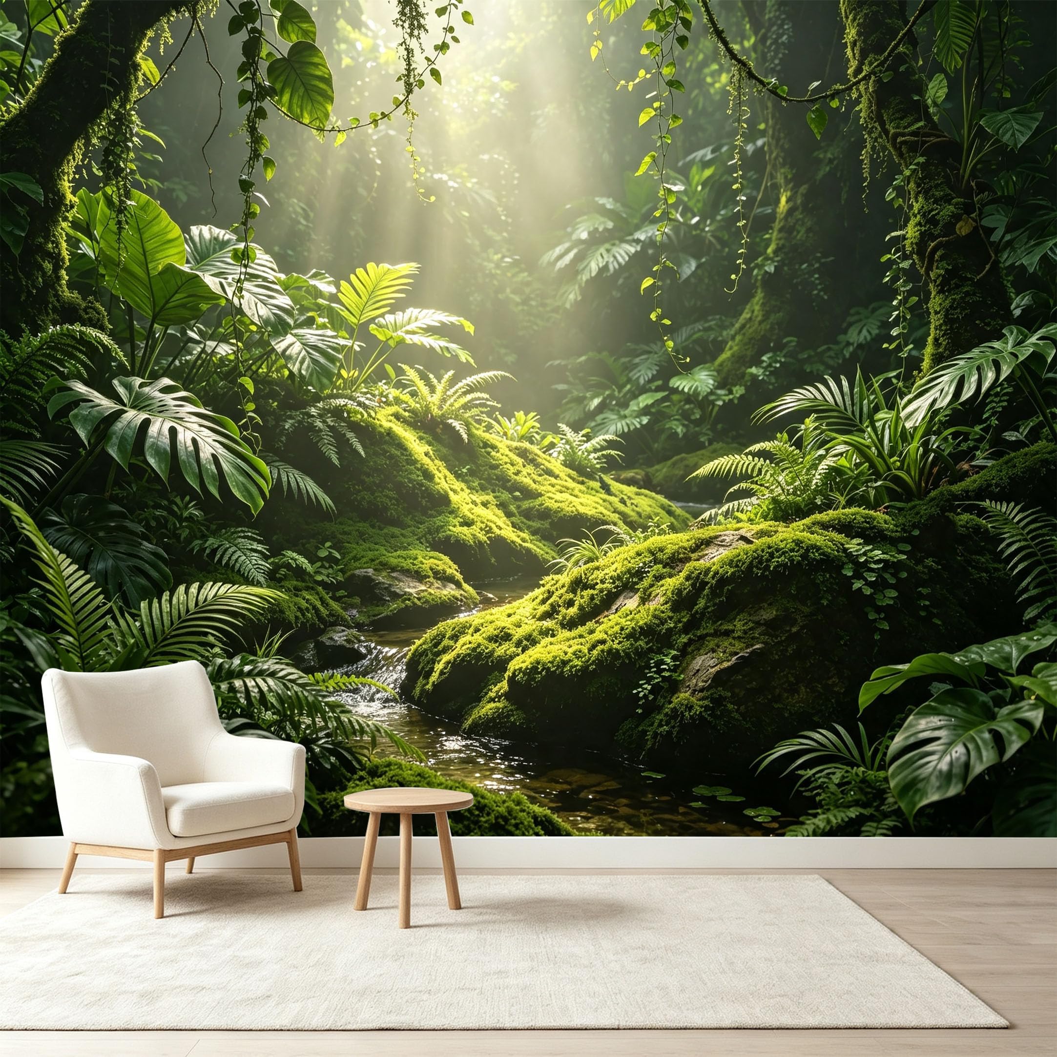 Custom Size Wall Murals Tropical Jungle Rainforest Sunbeams Botanical Ferns Self-Adhesive Wall Fabric Removable Wallpaper Wall Decor for Living Room Bedroom Bathroom