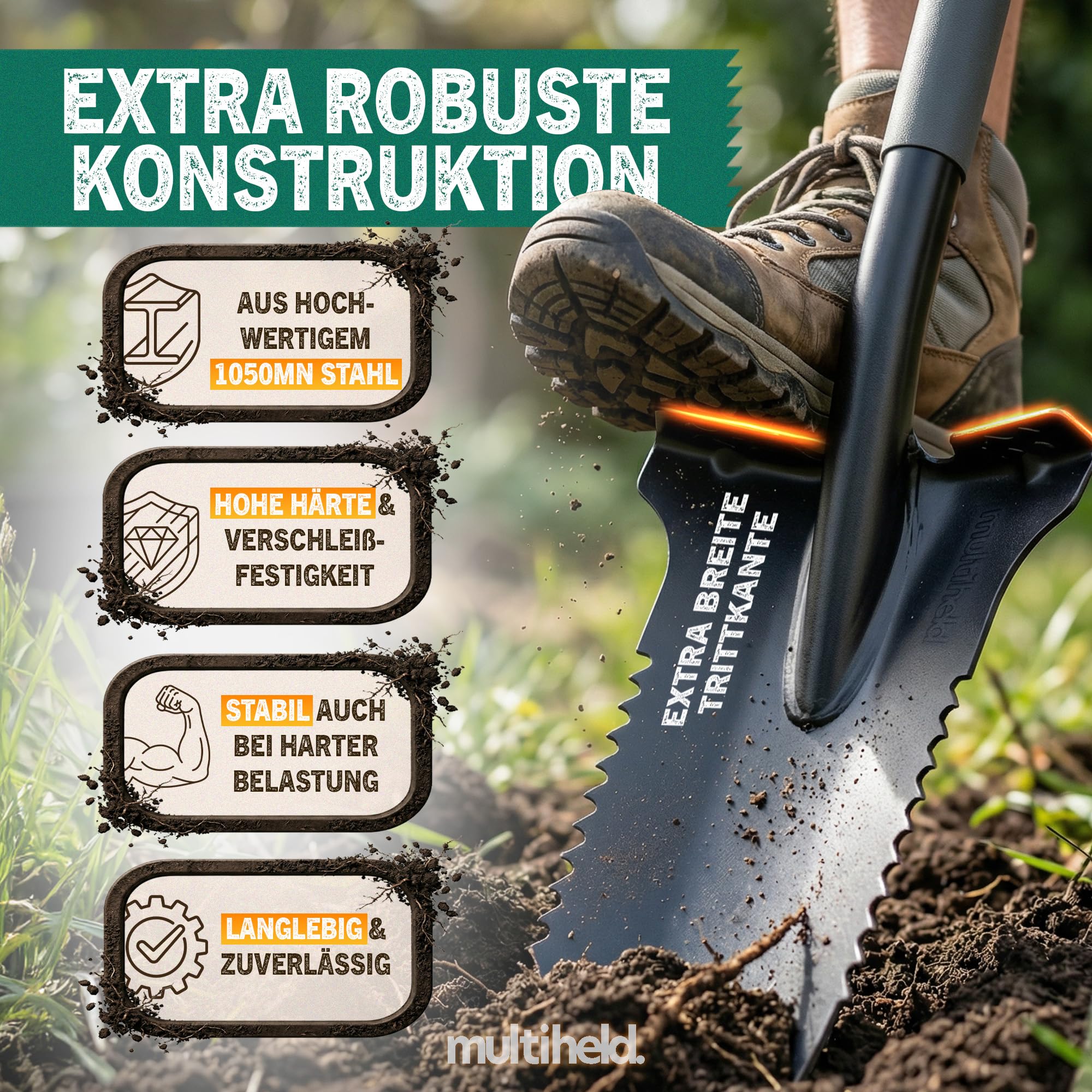 Spaten Garten Wurzelspaten mit Wurzelsäge 120 cm – Gartenspaten für Harte Böden, 1050Mn Stahl, ergonomischer Softtouch-Griff, extra breite Trittkante, Robustes Gartenwerkzeug (grau)