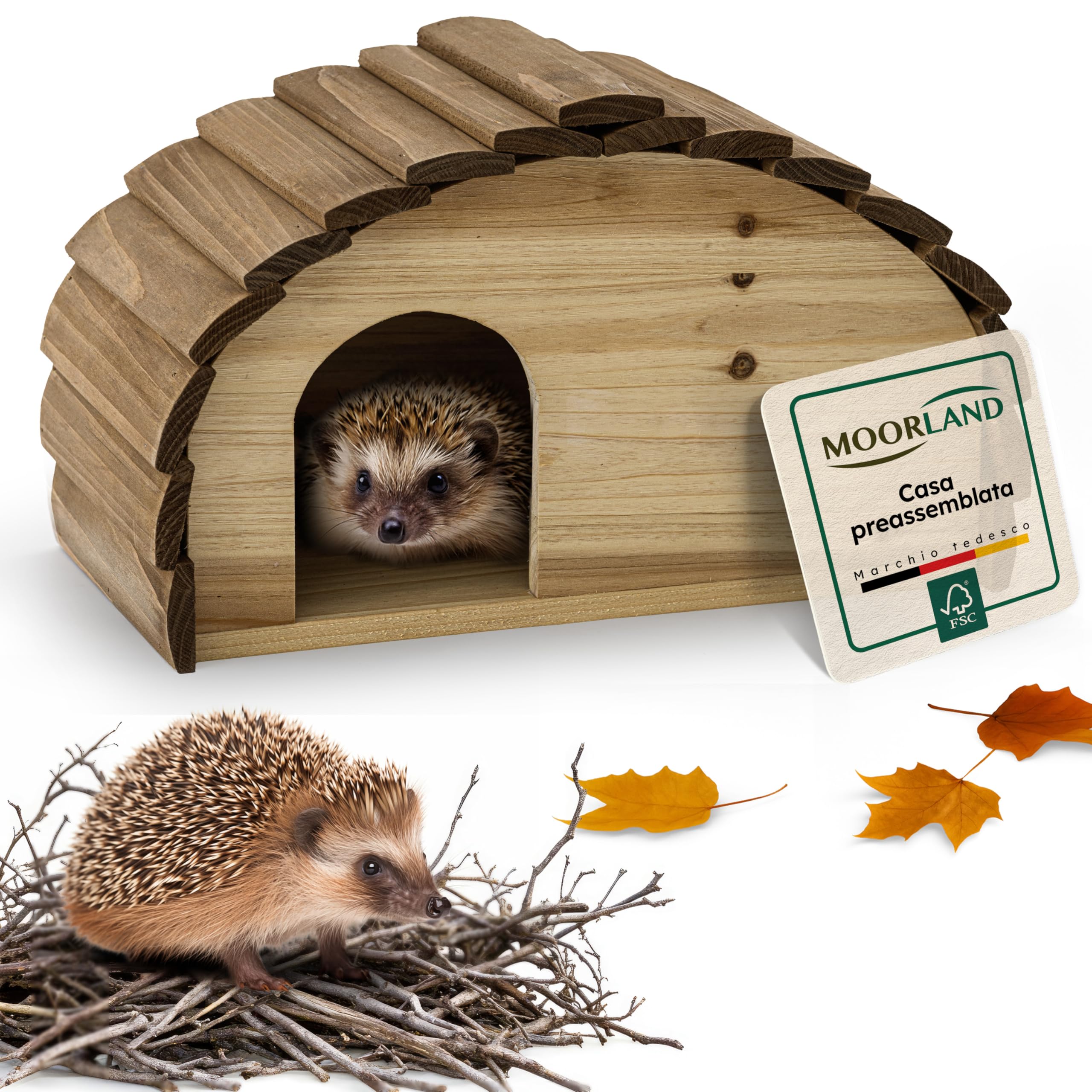 Moorland Casetta per ricci – Rifugio invernale 35×21 cm con base fissa, ingresso ventilato a labirinto e tetto fisso, in legno FSC, resistente alle intemperie per giardino