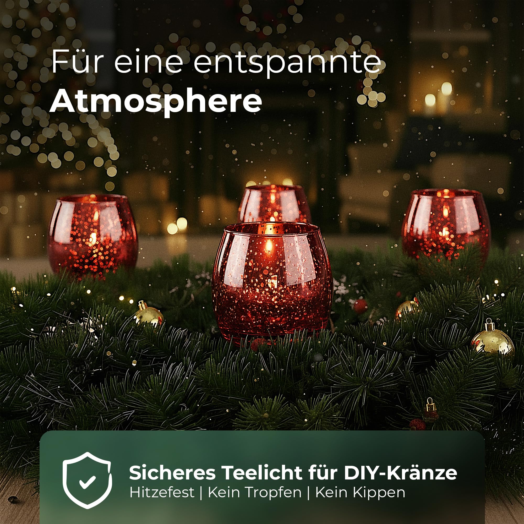 12x Teelichthalter Glas für Adventskranz 6cm Bauchig Rot - Kerzenhalter Klein, Kerzenpicks für Teelichter, Weihnachtskranz - 3X 4er Teelicht Gesteck Weihnachten Dekoration Xmas