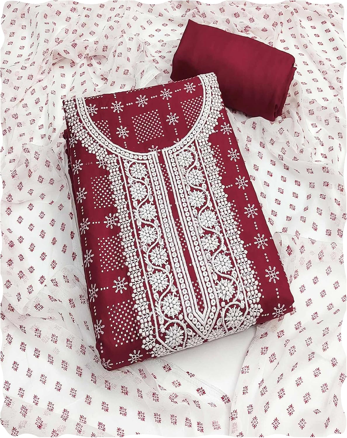 Peachmode Geometric Embroidered Rayon Unstitched Dress Material for Women | Rayon Bottom & Nazneen Dupatta | Ethnic Suit Fabric for Casual Wear & Occasions