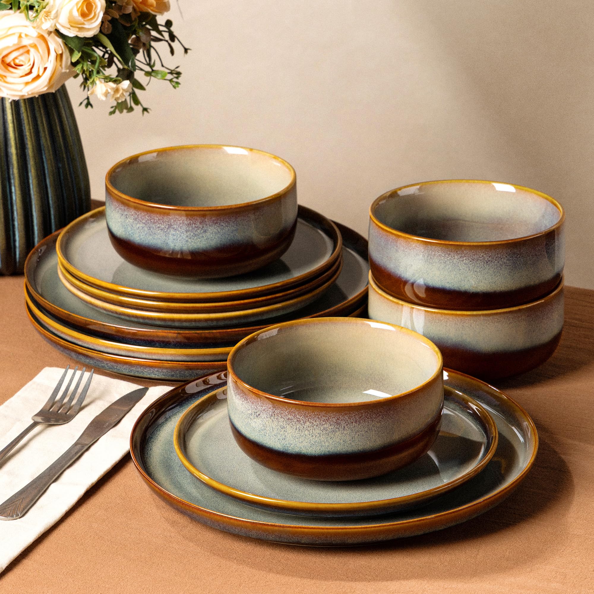TheTerra Ceramic Dinnerware Set for 4, 12-Piece Plates and Bowls Set | Handmade Reactive Glaze Dish Set, Scratch Resistant, Oven &amp; Microwave &amp; Dishwasher Safe, Dusk Blue