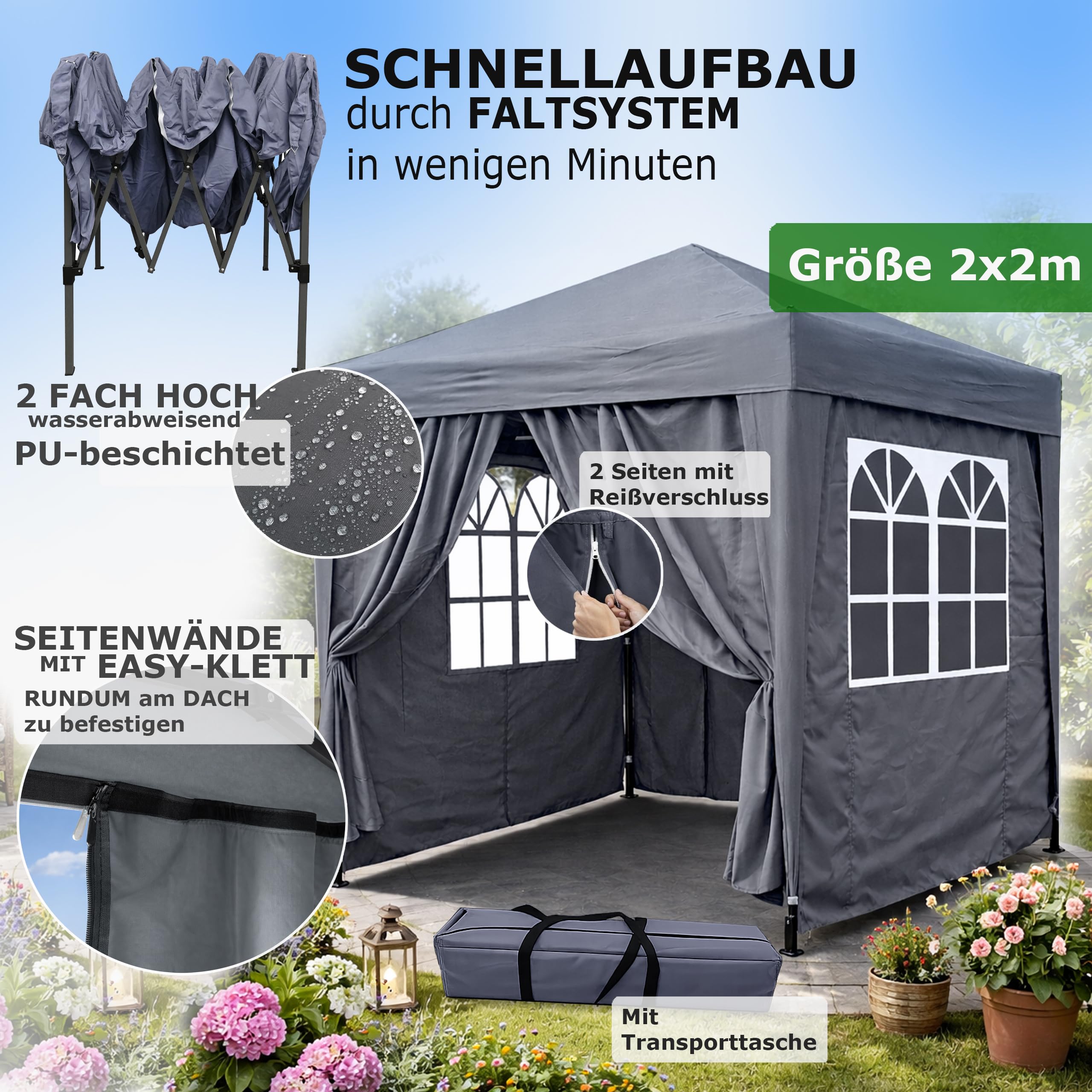 QUICK STAR Pawilon Pop-Up 2 x 2 m Smoky szary z 4 bocznymi ?ciankami na rzep Easy 2 z zamkiem b?yskawicznym
