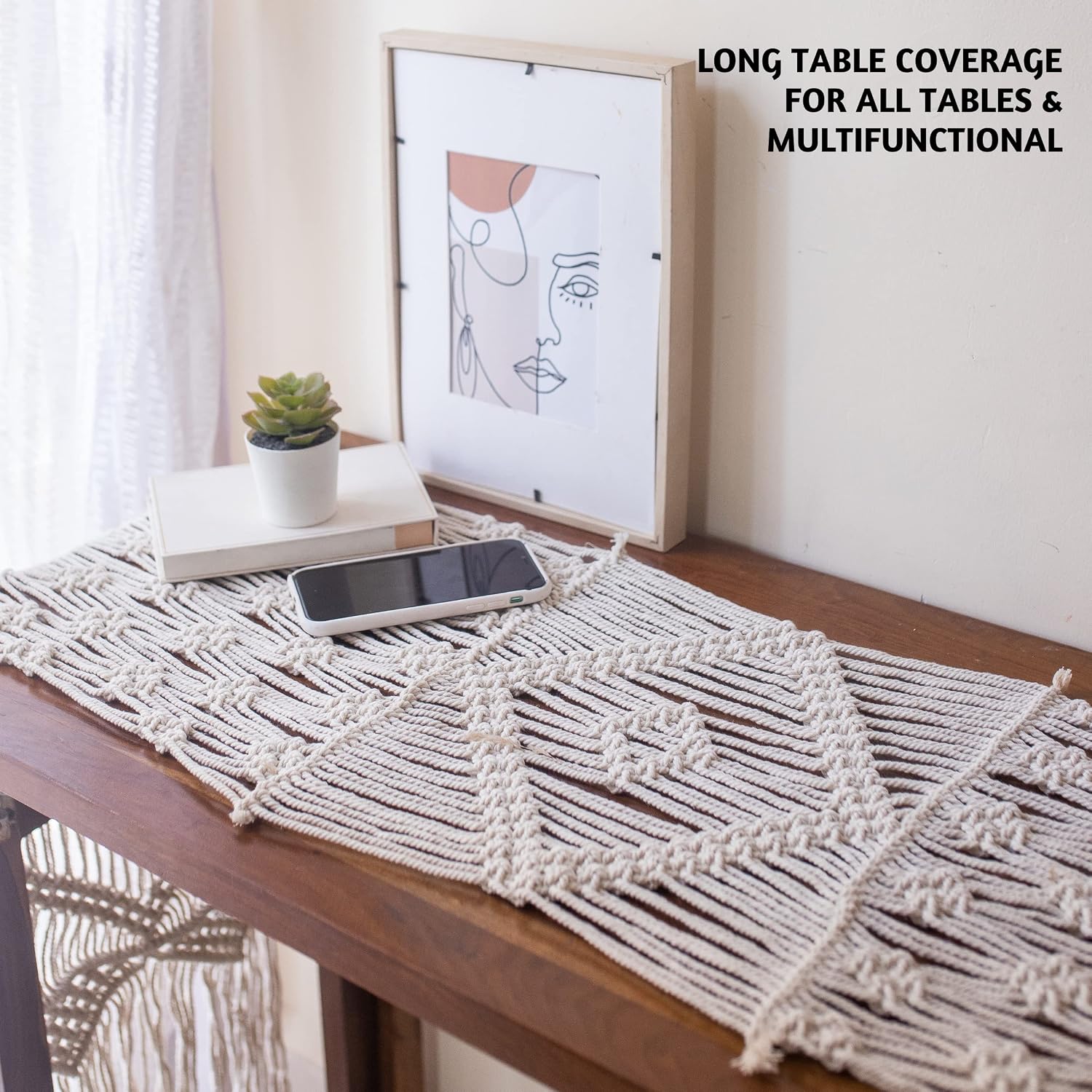 Folkulture Macrame Table Runner 72 Inches Long or Boho Table Runner for Wedding Decor, Bohemian Table Runner Farmhouse Style for Rustic Dining Table or Mothers Day Decorations, 100% Cotton