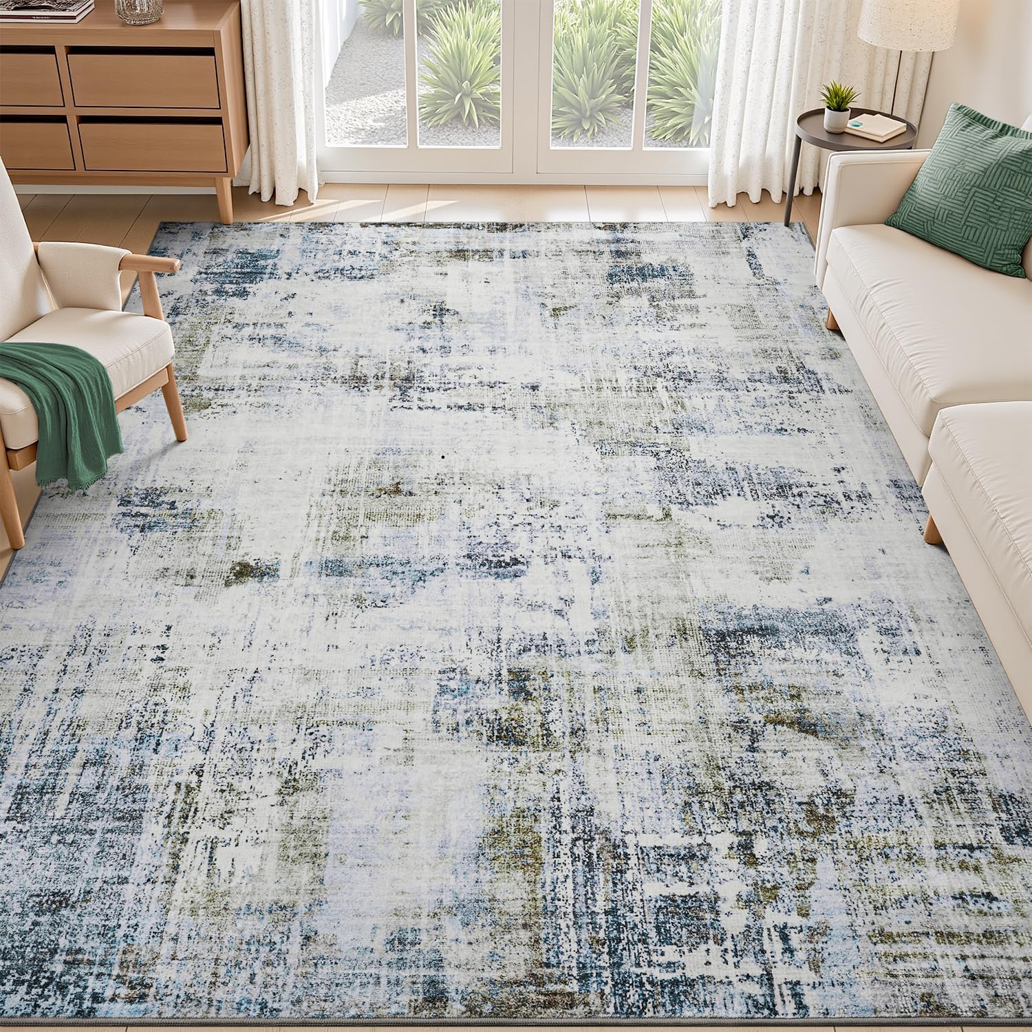 Olive Blue Washable Area Rugs 8x10 Rugs for Living Room Bedroom Rug Dining Room Home Office Rug Carpet Non Slip Modern Abstract Soft Easy Care Low Pile Comfortable Olive Blue 8' x 10' (Rectangular)