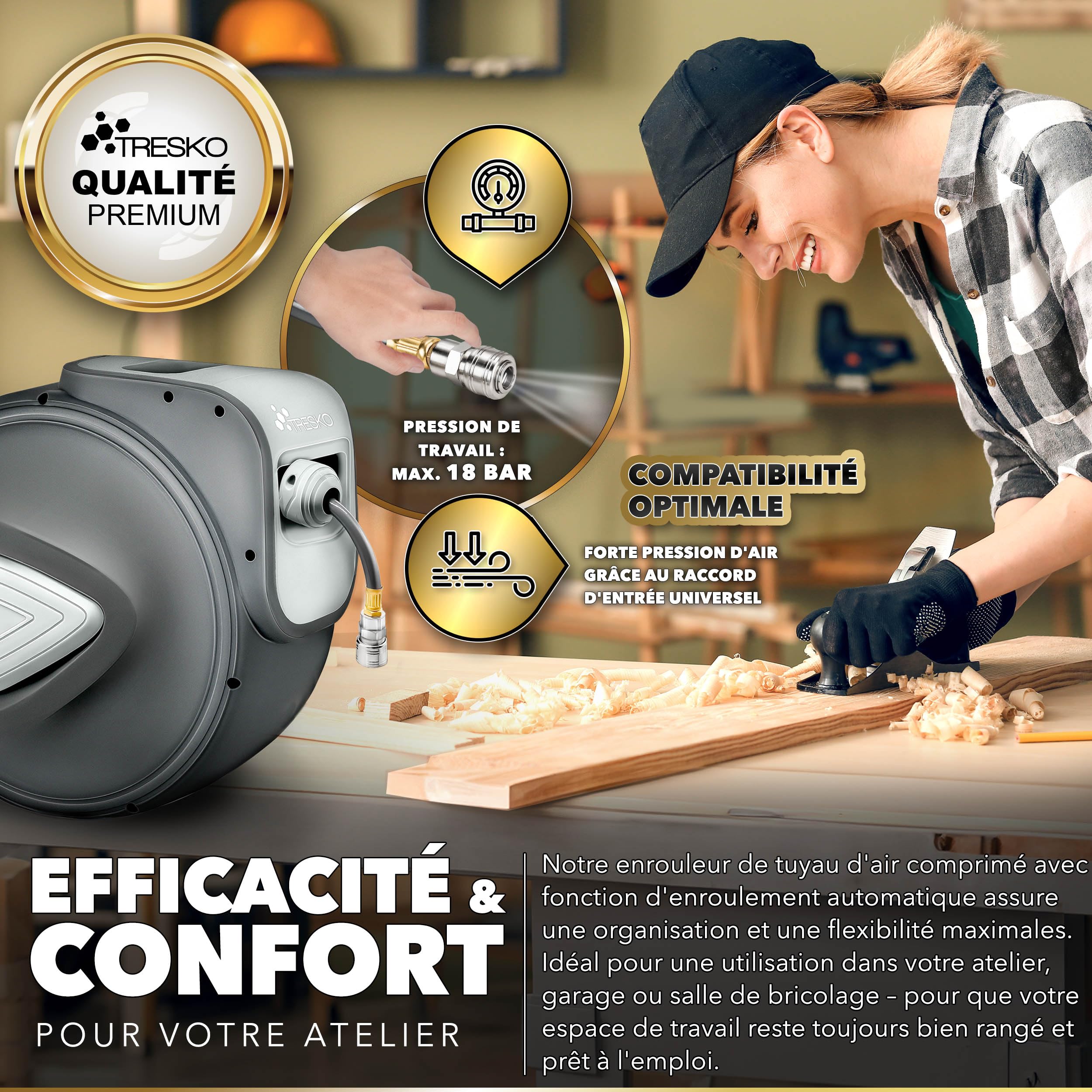 TRESKO® Enrouleur automatique de Tuyau à air comprimé 30m | Connexion 1/4" | Dévidoir Tuyau Automatique Mural, Gris