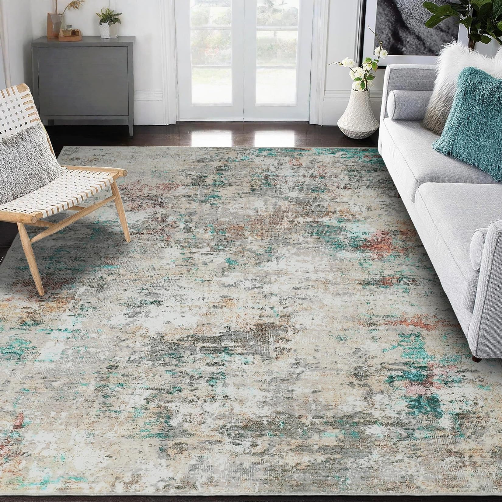 CAROMIO Waschbarer Teppich Wohnzimmer 120x170 cm Modern Abstrakt Bunt | Minimalistischer Teppich für Schlafzimmer Kinderzimmer Büro Esszimmer, Kurzflor rutschfest Faltbarer