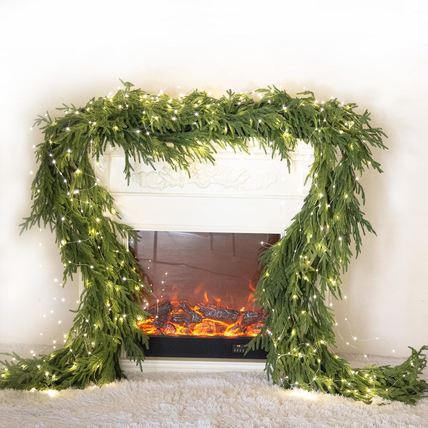 MISSPIN 9ft Christmas Garland with LED Lights, Real Touch Norfolk Pine Garland, Green Artificial Greenery Garland for Table, Mantle, String Light, Wall, Indoor, Outdoor Christmas Decorations Norfolk Pine with Light 9FT