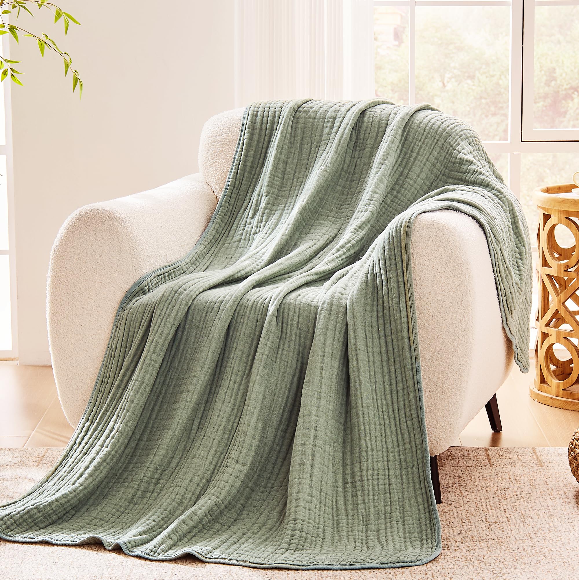 VANJOROY 9-Layer Muslin Throw Blanket Queen 90" x 90" Sage Green, 100% Cotton Organic Breathable Lightweight Large Throw for Couch Bed Quilt and Bedspread - All Season Muslin Soft Gauze Blanket