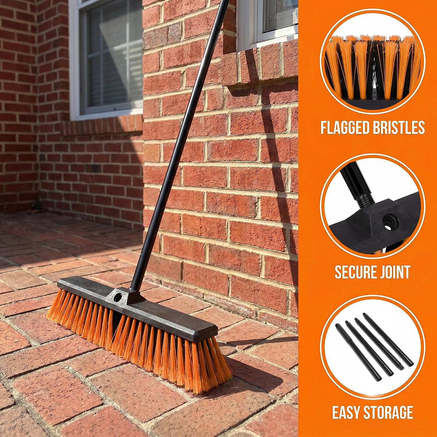 18" Heavy Duty Push Broom - 61" Adjustable 4-Section Metal Handle Stiff Flagged Hard Bristles Indoor Outdoor Floor Broom for Garage Patio Concrete Deck Shop Warehouse (Orange, 18inches Wide)