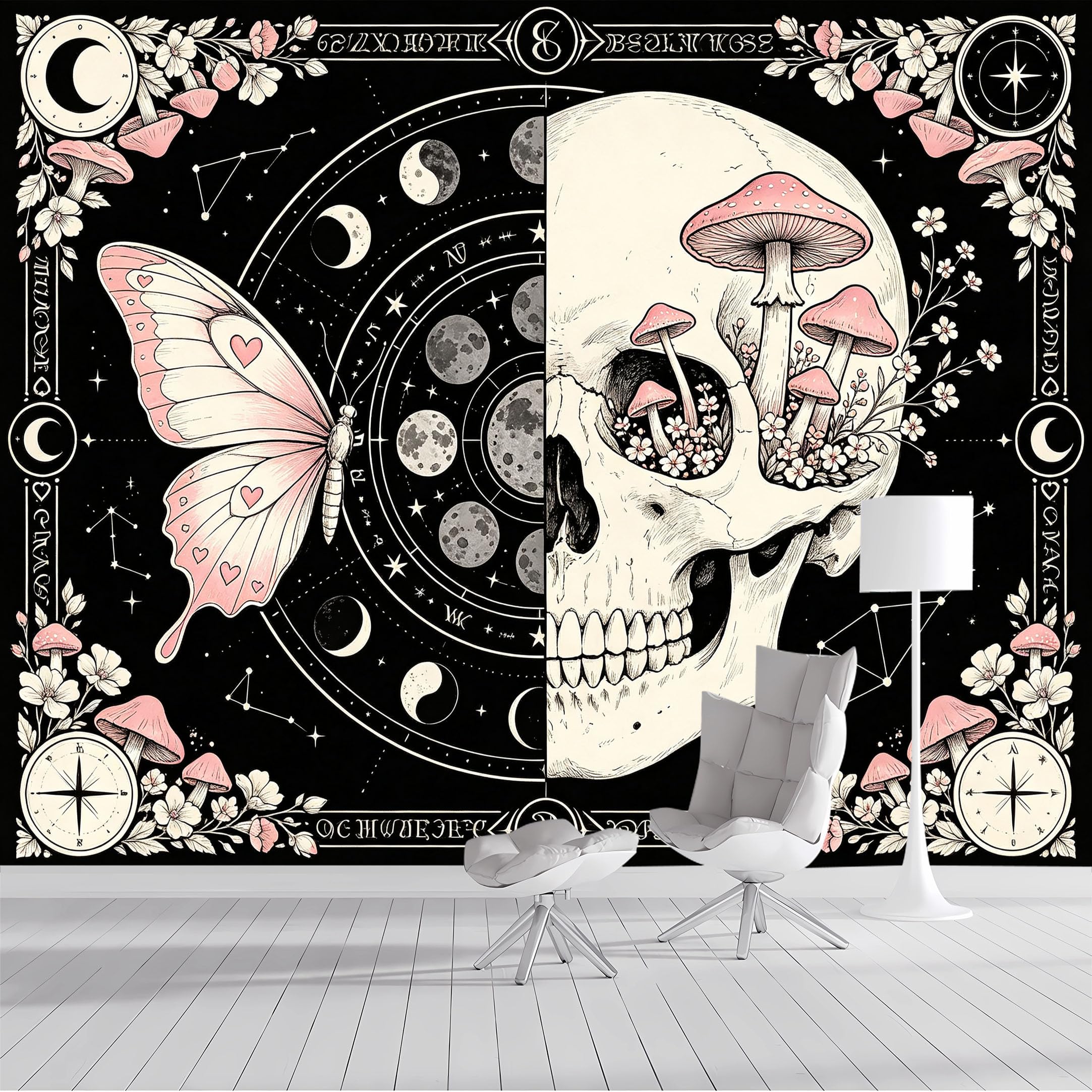 Yzpallescene Bh260711052 Custom Size Wall Mural Celestial Skull Butterfly Mushroom Selfadhesive Wall Fabric Removable Peel And Stick Wallpaper Wall Decor For Living Room Bedroom Bathroom