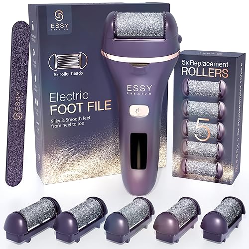 Essy Electric Foot File Hard Skin Remover with 5 Replacement Rollers Foot File Electric Pedicure Sets for Feet Pedicure Dry Dead Hard Skin Callus Remover for Feet Care Exfoliator Grinder (Purple) - Purple - 1 count (Pack of 1)