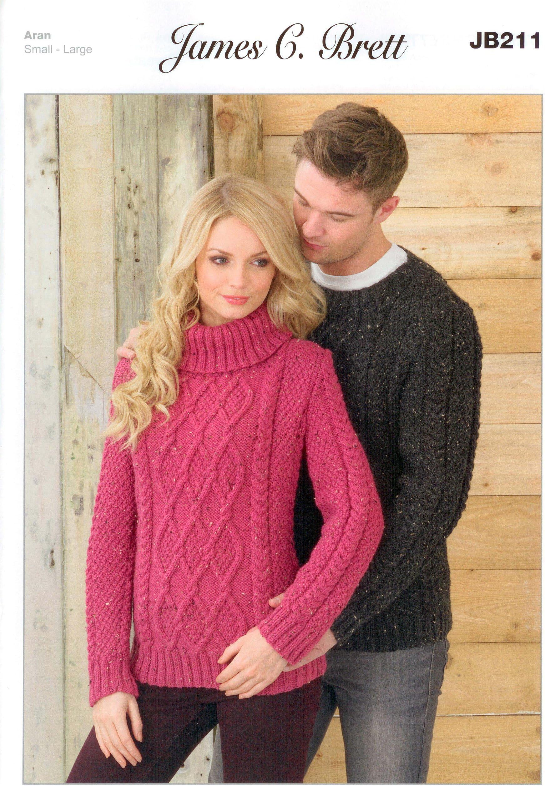 Ladies and Man's Sweater JB211 Knitting Patterns from James C Brett. Knit with Aran wool. Ladies Sizes 81-107cm 32-42 inch. Man's sizes 97-122cm 38-48 inch.