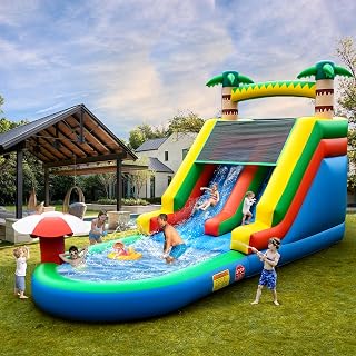 Inflatable Water Slide Commercial Grade: 21FT(L) Water Bounce House for Adults and Kids - Big Pool, Premium PVC, Tropical Style, Wet & Dry, 950W Blower - for Backyard Outdoor Birthday Party
