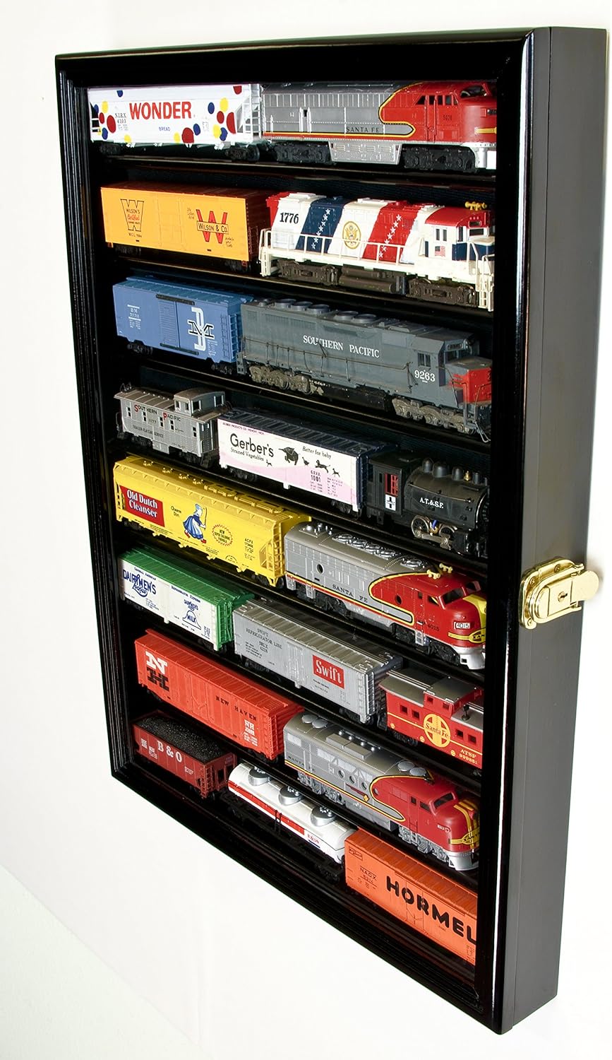 sfDisplay.com,LLC. Small HO Scale Train Model Trains Locomotive Engine Display Case Cabinet Wall Rack w/ 98% UV Lockable (Black Wood Finish)