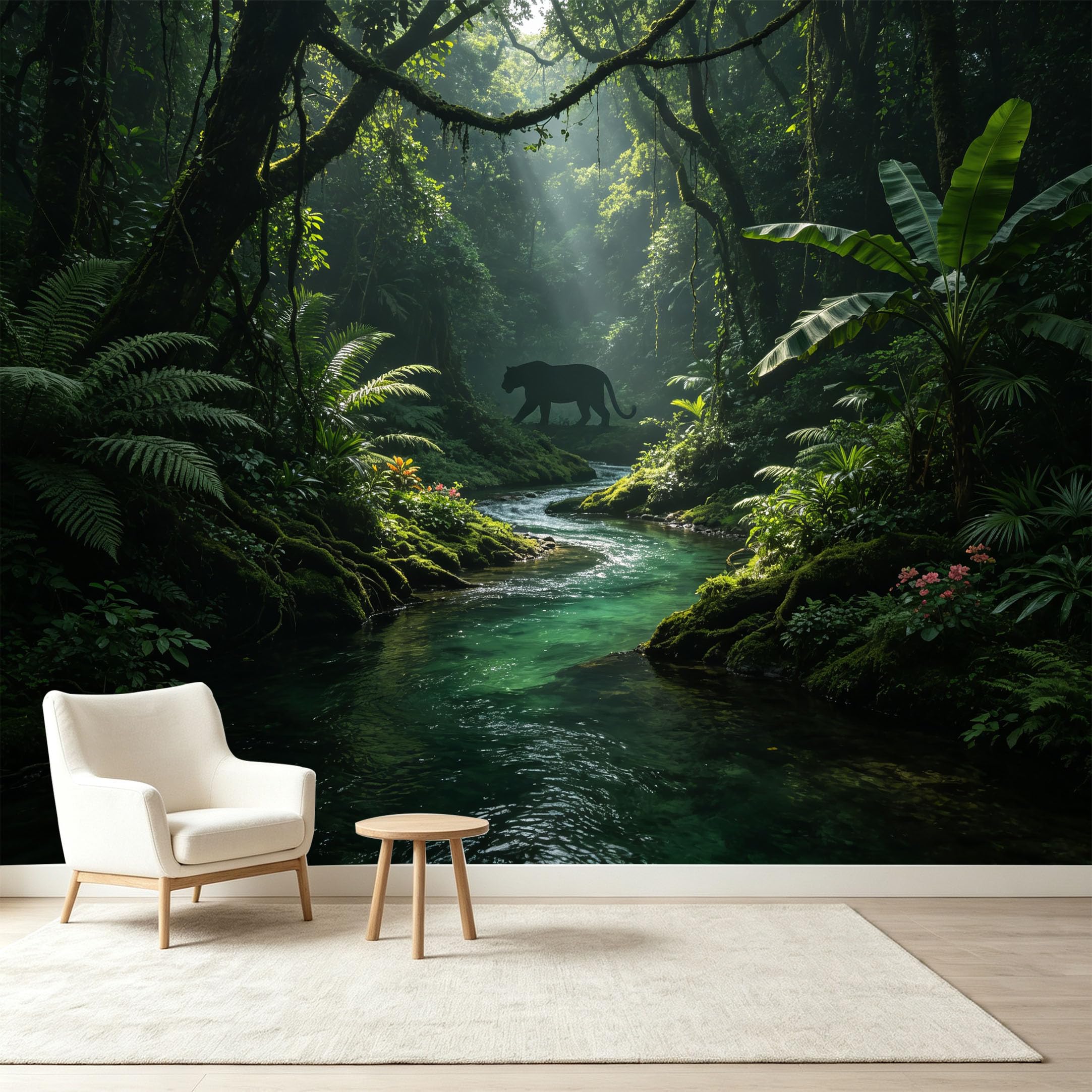 Custom Size Wall Murals Tropical Jungle Rainforest River Panther Silhouette Self-Adhesive Wall Fabric Removable Wallpaper Wall Decor for Living Room Bedroom Bathroom