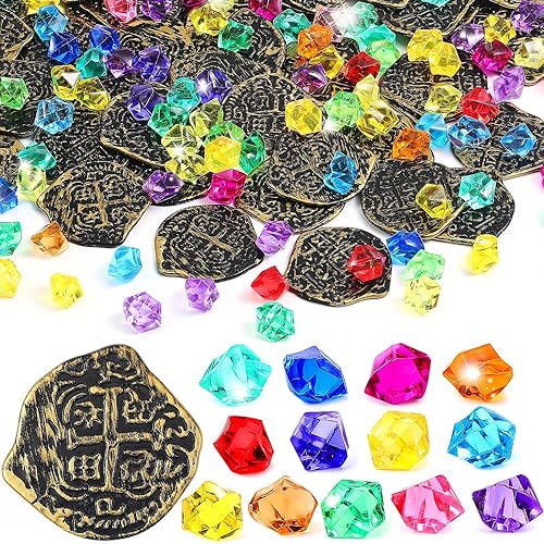 Hanaive 150 monedas de oro pirata de plástico, gemas de colores acrílicos, gemas falsas, tesoros enterrados, decoraciones de fiesta de pirata para