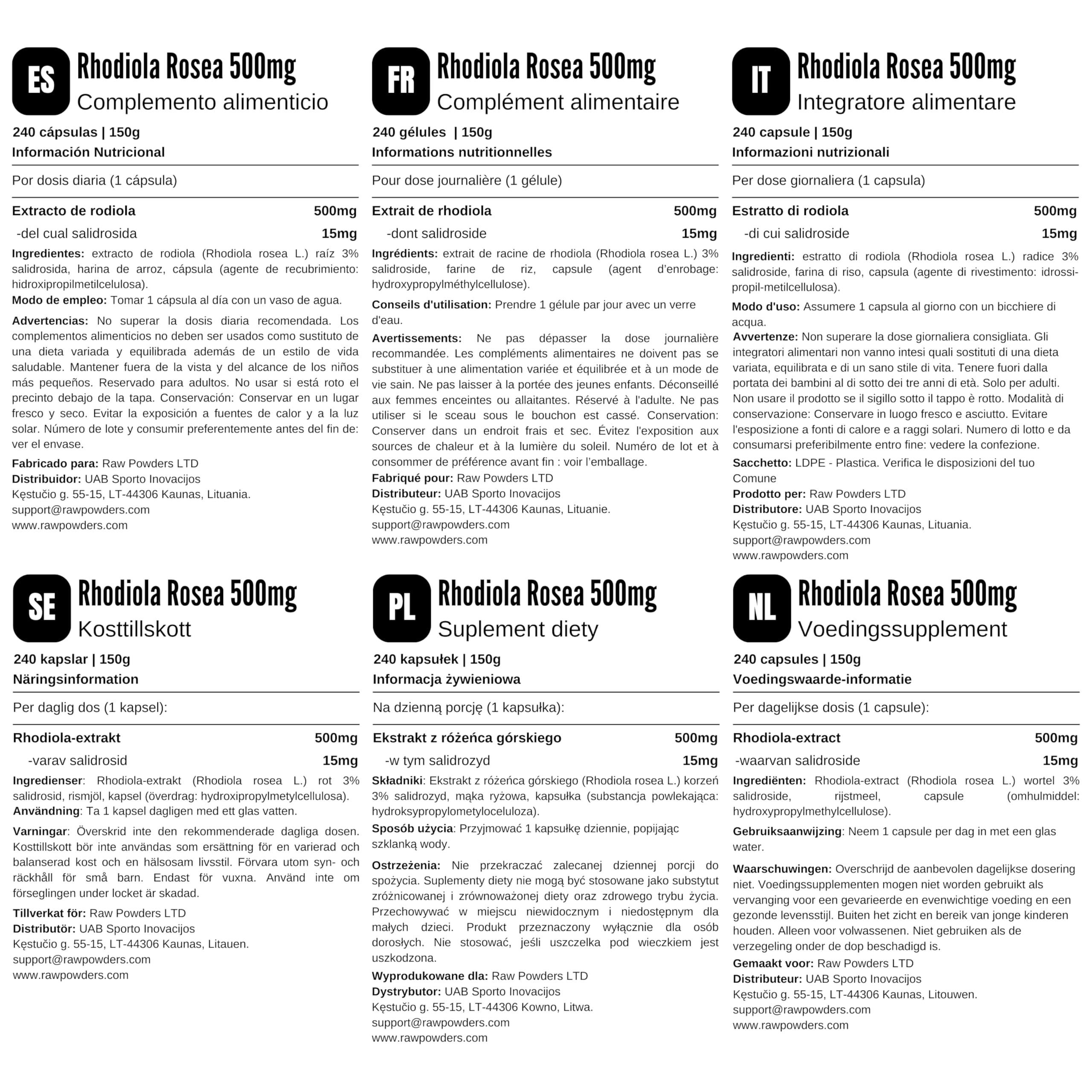 Rhodiola Rosea Extrakt 500 mg – 240 Kapseln | Rosenwurz Hochdosiert für Stressabbau & Energie (3% Salidroside) | 8 Monate Vorrat | Vegan, GMO- & Glutenfrei | Raw Powders