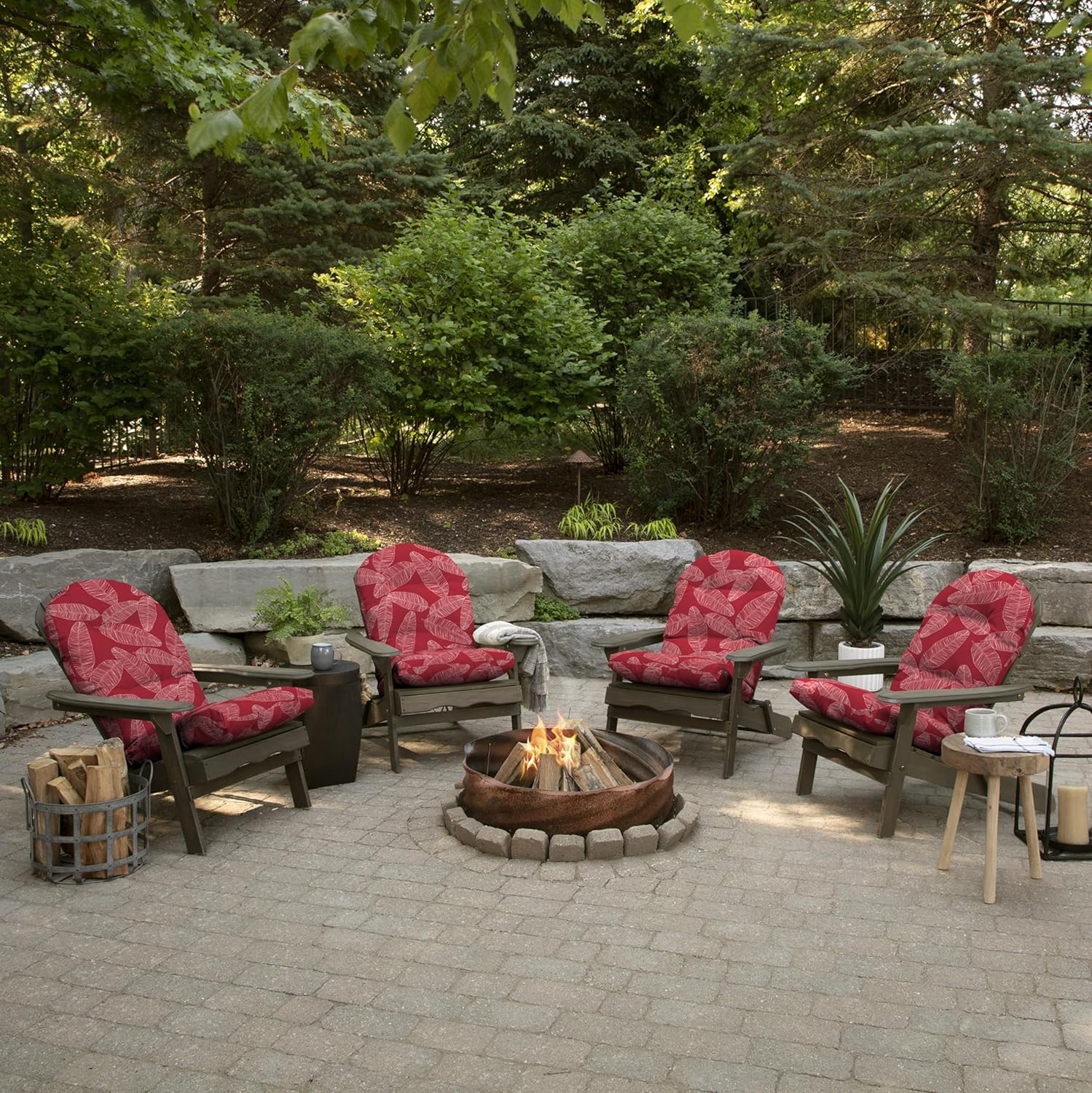 Arden Plush Modern Tufted Rocking Chair Cushion, 21.5 x 19, Rain-Proof, Fade Resistant, Tufted Cushions for Rocking and Adirondack Chairs Red Leaf Palm