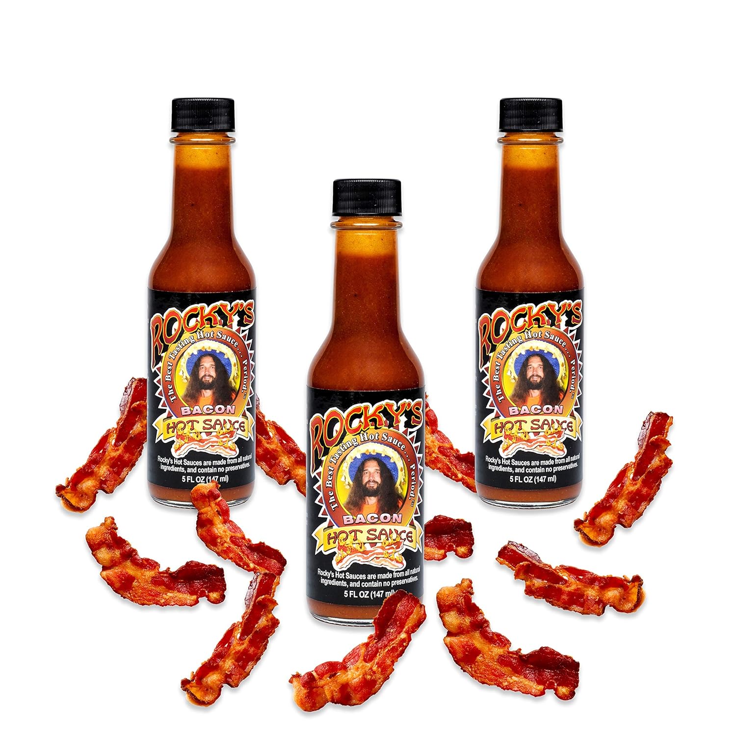 Rocky's Bacon Hot Sauce – Gourmet Red Chili Sauce with Perfectly Balanced Heat – Great Hot Sauce Gift and Wing Sauce - 5 oz - (3-Pack)