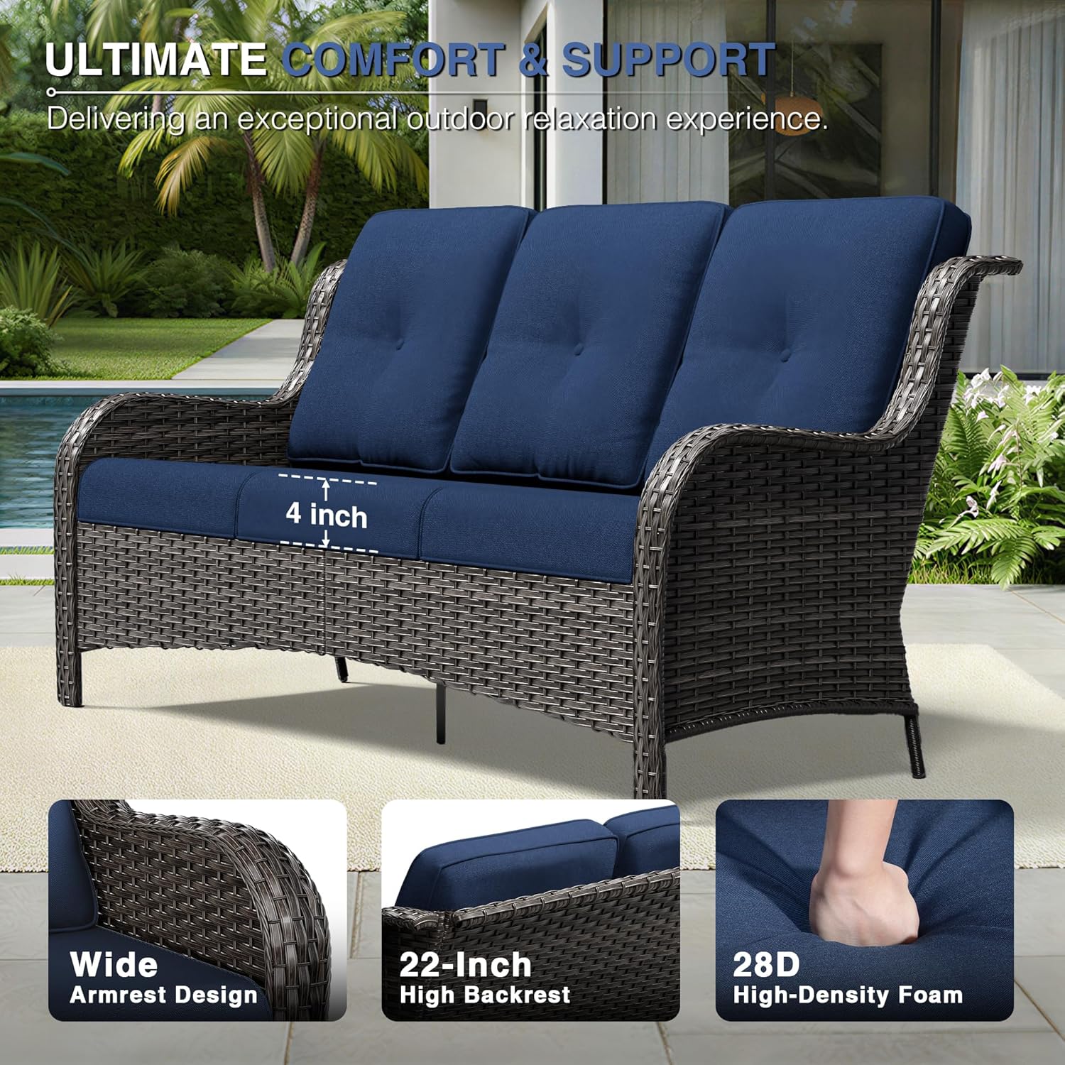 Joyside Outdoor Patio Couch, 3 Seater Outdoor Wicker Sofa with High Back, Deep Seating, Wide Armrest, Thickened Cushions, Patio Sofa for Deck, Porch Use