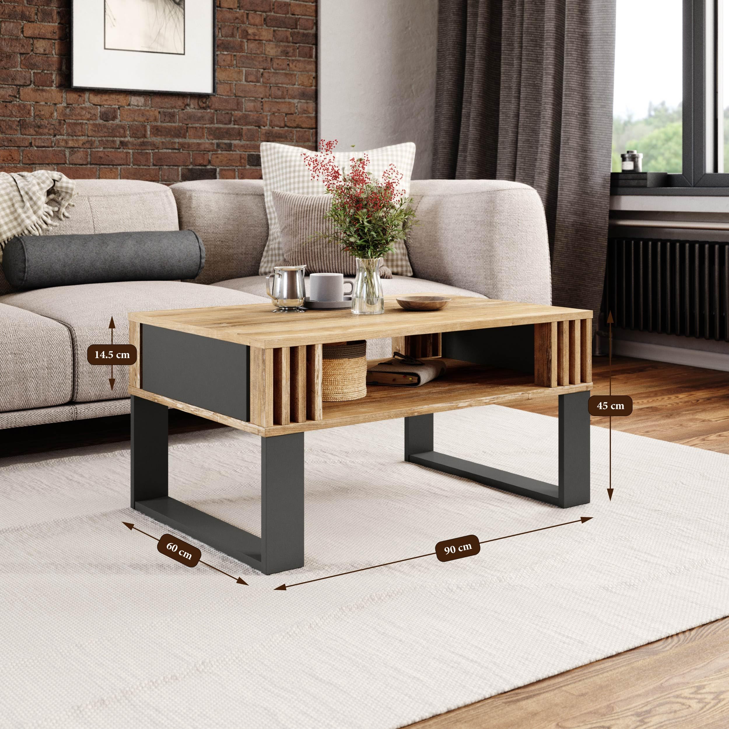 IBF Moderne zwarte salontafel, minimalistische industriële houten middentafel, eenvoudige boerderij rechthoekige woonkamertafel, hout en metalen cocktailsalontafel voor thuis, slaapkamer, kantoor