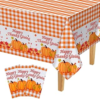 PLULON 3Pcs Thanksgiving Plastic Tablecloth Fall Maple Leaves Pumpkin Table Cover 137 x 274cm Rectangle Autumn Theme Table Cloth for Happy Thanksgiving Party Holiday Home Table Decorations