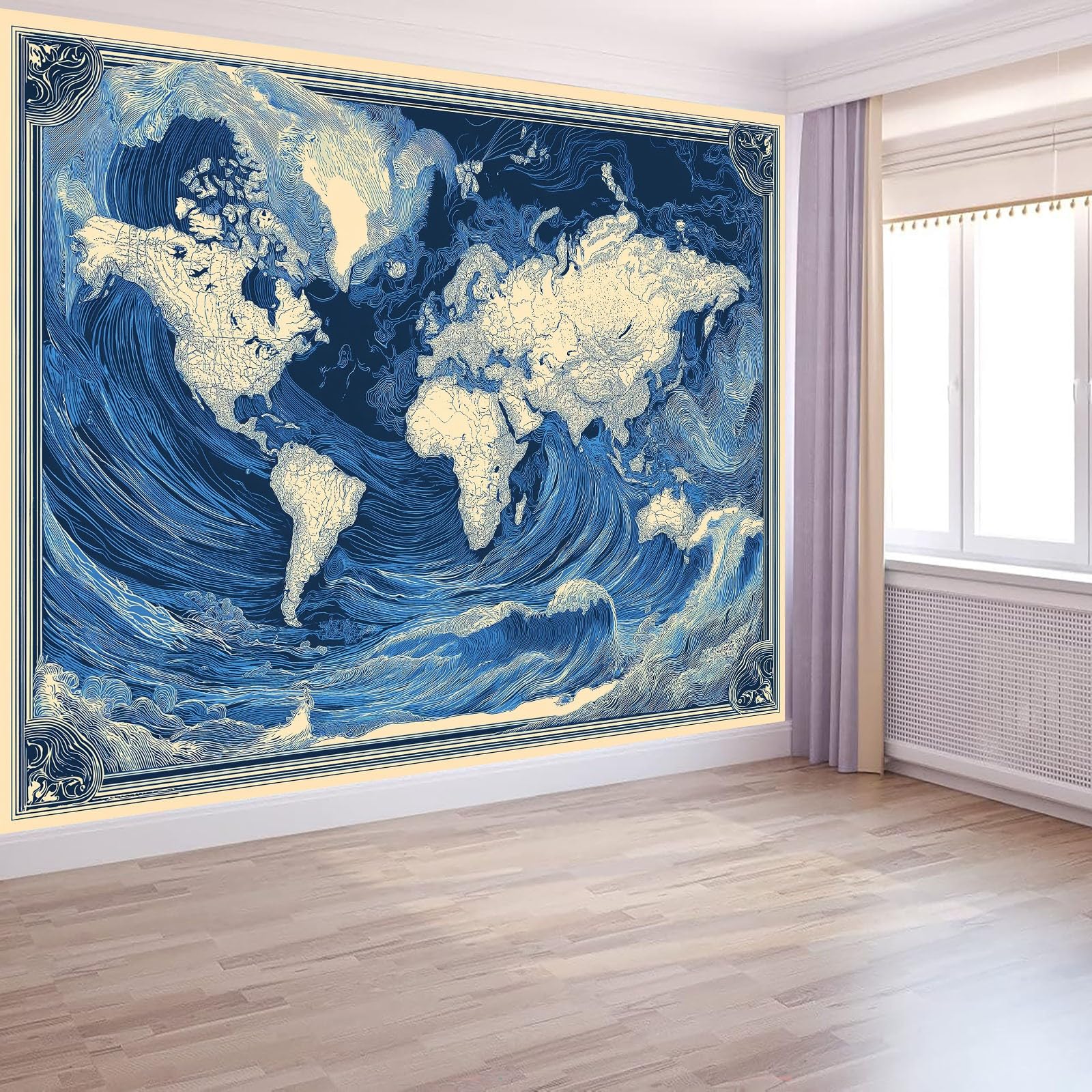 Générique Plakat retro mapa świata z falami oceanu, panoramiczna tapeta 500 x 280 cm, fototapeta z włókniny, do salonu i sypialni, kuchni, niebieski plakat obrazy ścienne