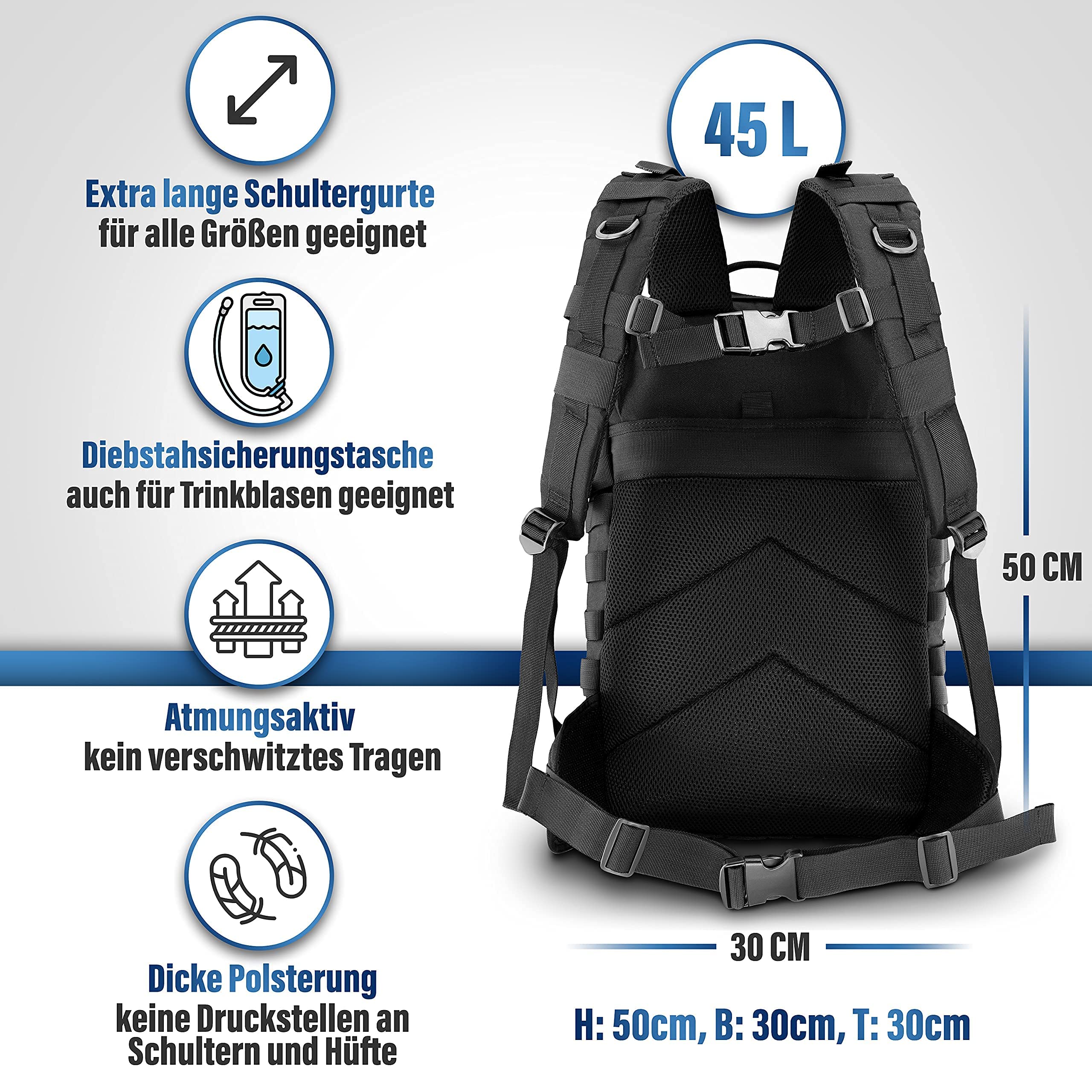 PIRANHA Outdoor Rucksack 45L – Robuster Wanderrucksack für Trekking, Camping & Bushcraft – Wasserabweisender Backpack mit vielen Fächern