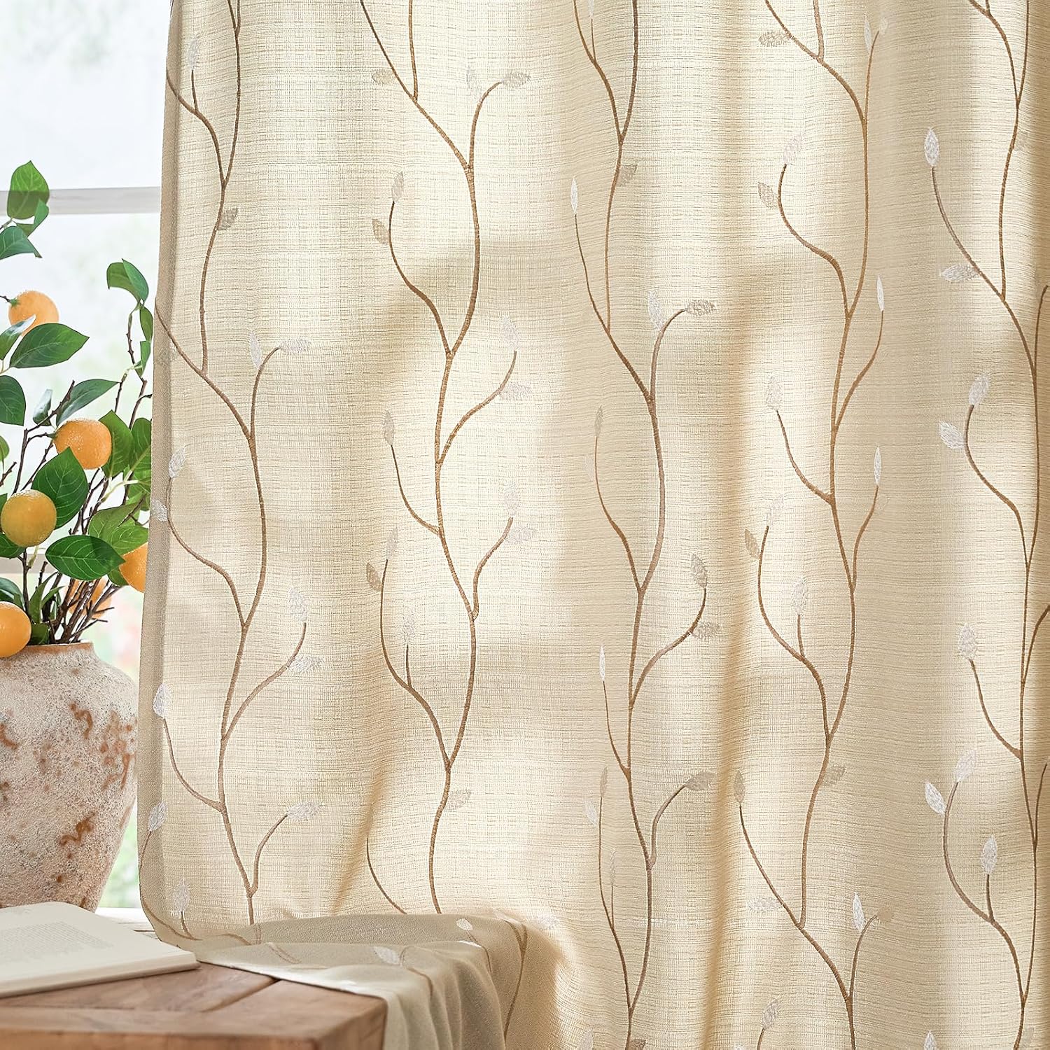 jinchan Beige Semi Sheer Curtains for Bedroom 84 Inch Length Floral Embroidered Drapes for Living Room Ligh Filtering Embroidery Grommet Window Curtain Panels Set Beige