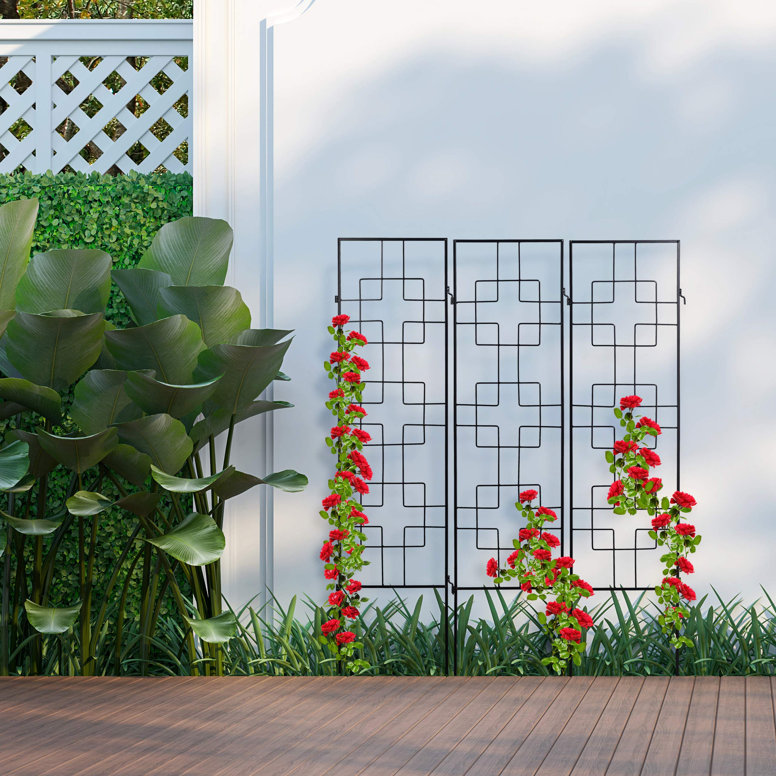 9 Soportes Plantas Metálicos, con Estacas, Enrejado para Trepadoras, 122 x 30,5 cm, para Jardín, Negro