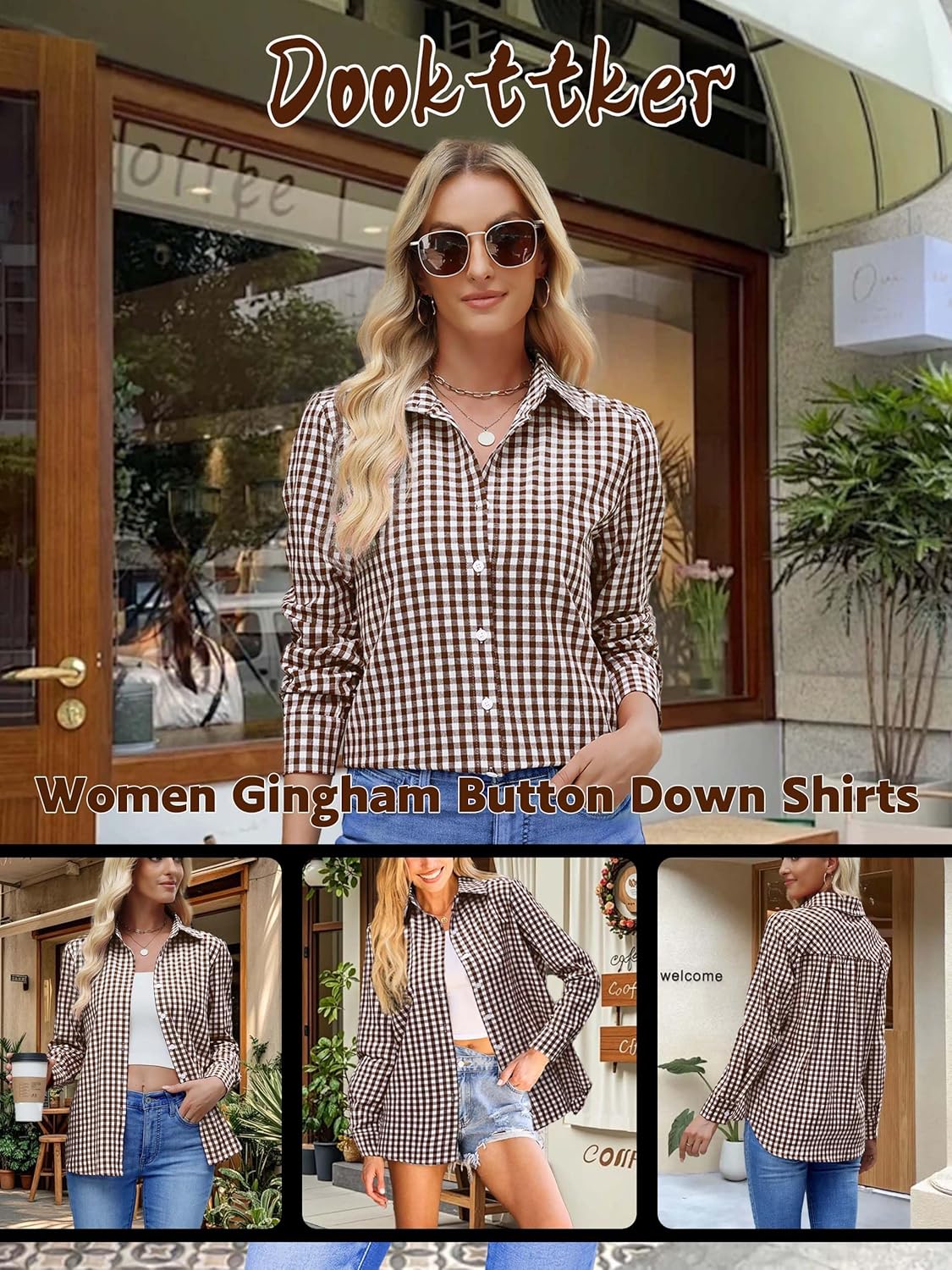 Women Slim Fit Cotton Gingham Button Down Shirts Casual Blouses Tops Work Summer Clothes Fashion Outfits - Image 2