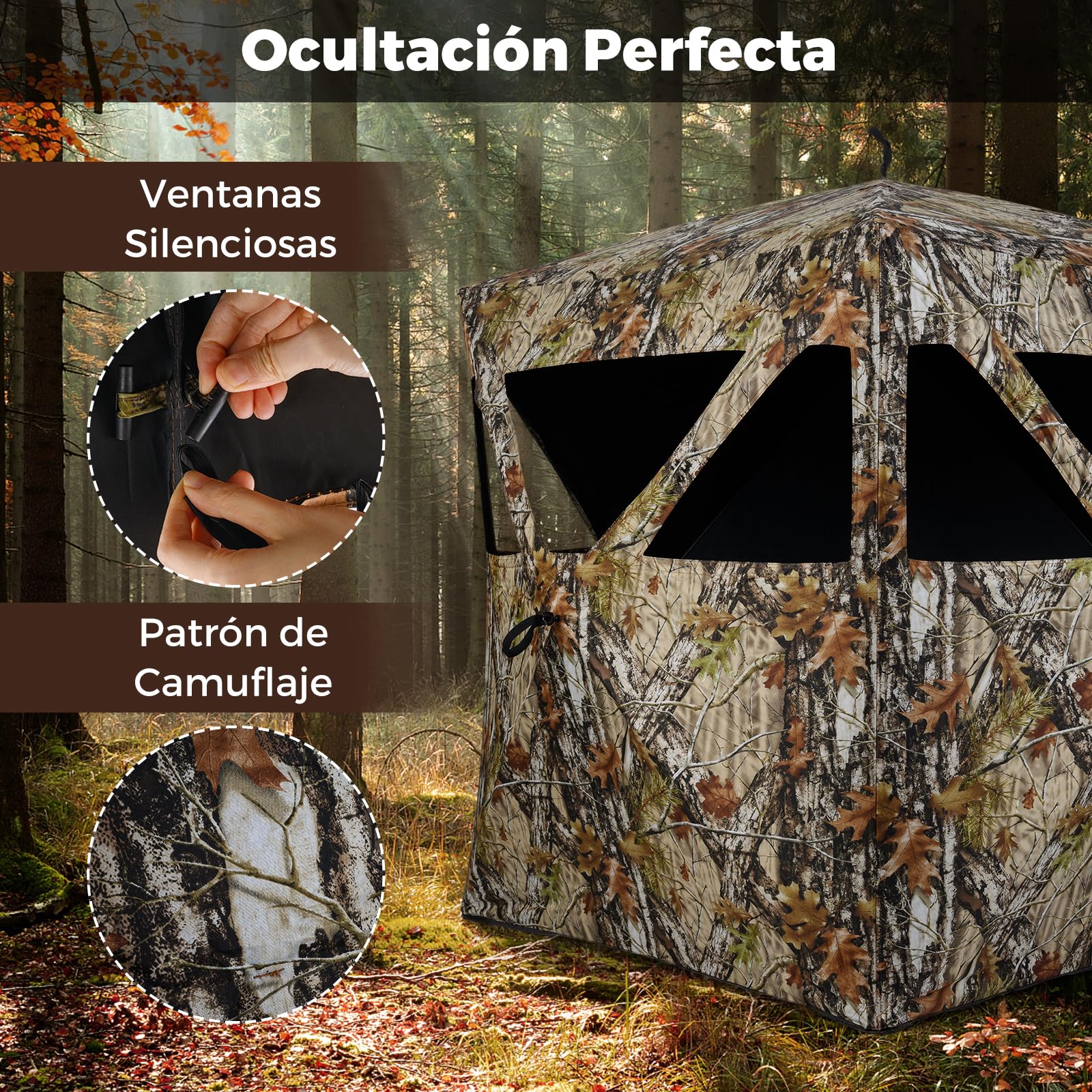 GOPLUS Persiana de Caza Camuflaje para 2 Personas, Puesto de Caza Portátil con Ventanas Silenciosas, Paneles de Seguridad, Bolsa de Transporte, Tienda de Campaña Estor Emergente, Ciervos Pavos