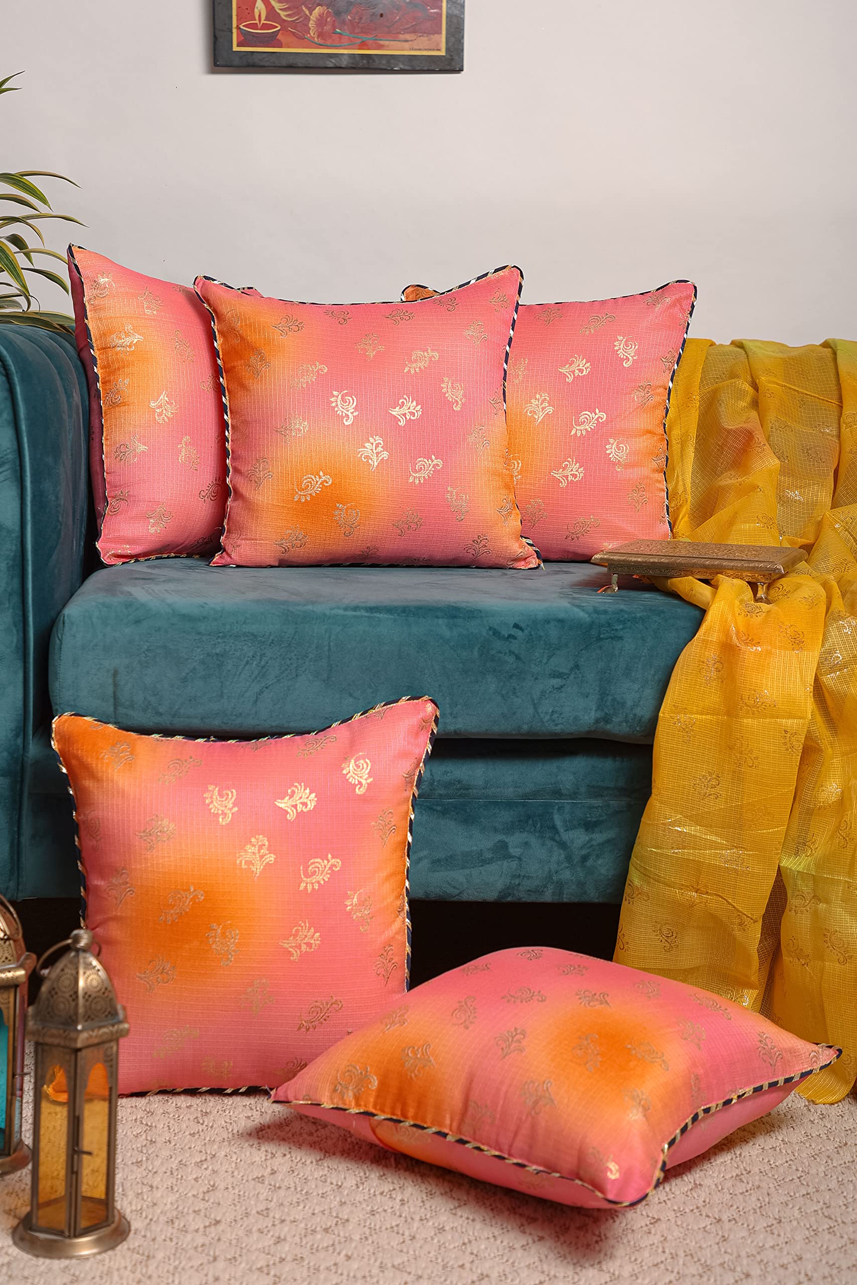 Ayan Cotton Attractive Floral Printed Square Sofa Decorative Set of 5 Cushion Covers for The Bedroom Drawing Living Room (16x16 Inches) (JFC149-PNK)