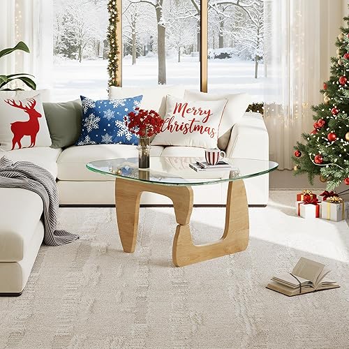 Miniatura 7 de WLIVE Mesa auxiliar, mesa de centro pequeña de cristal con patas de madera maciza, mesas triangulares de mediados de siglo de 32.7 pulgadas, mesa