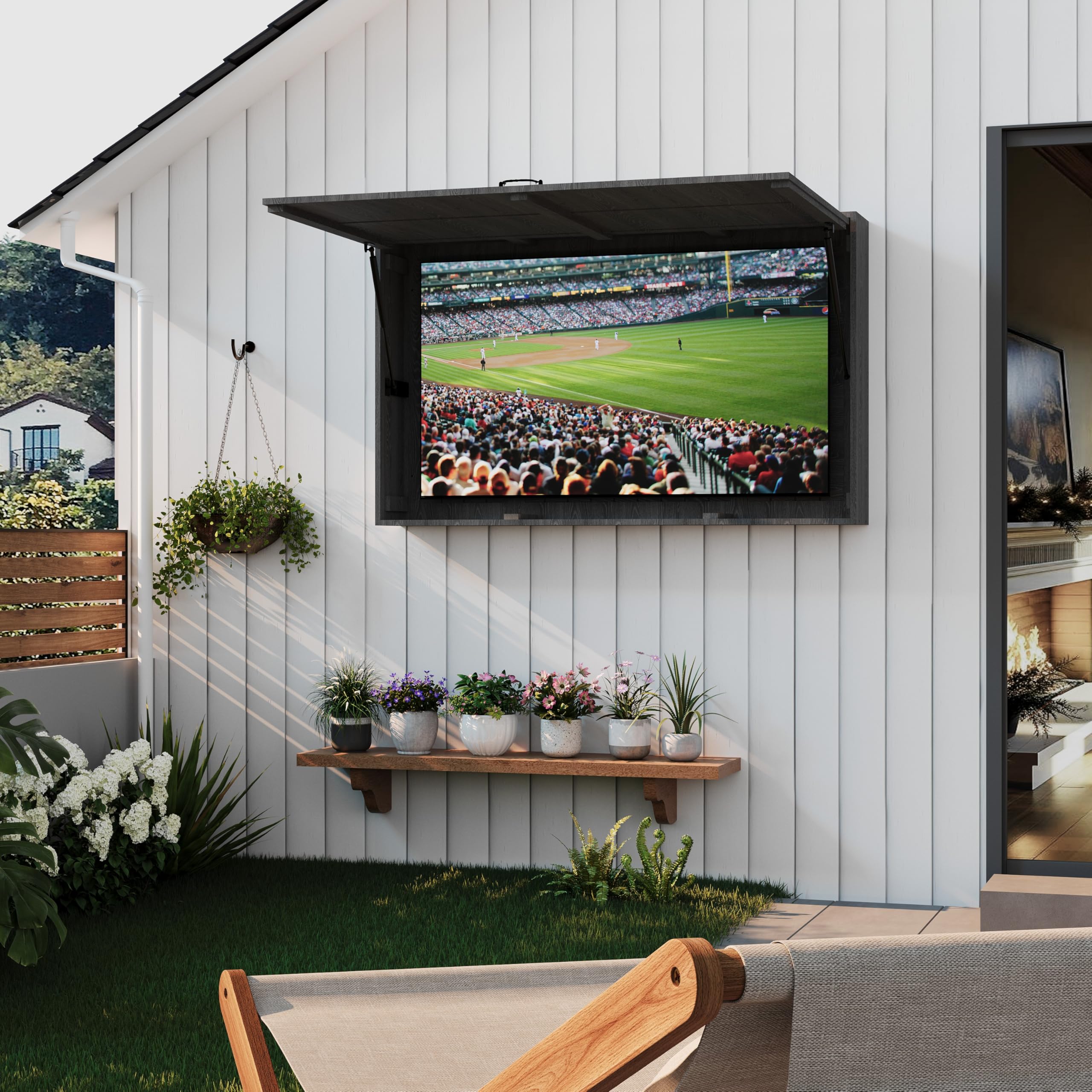 Photo 1 of *Chipped/scratches* Outdoor TV Protector, Wooden Television Display Protector, 48 in Solid Waterproof Adjustable Television Hard Box with Extra Cover and Telescopic Bracket, Decorative Outdoor TV Box for Patio, Beach