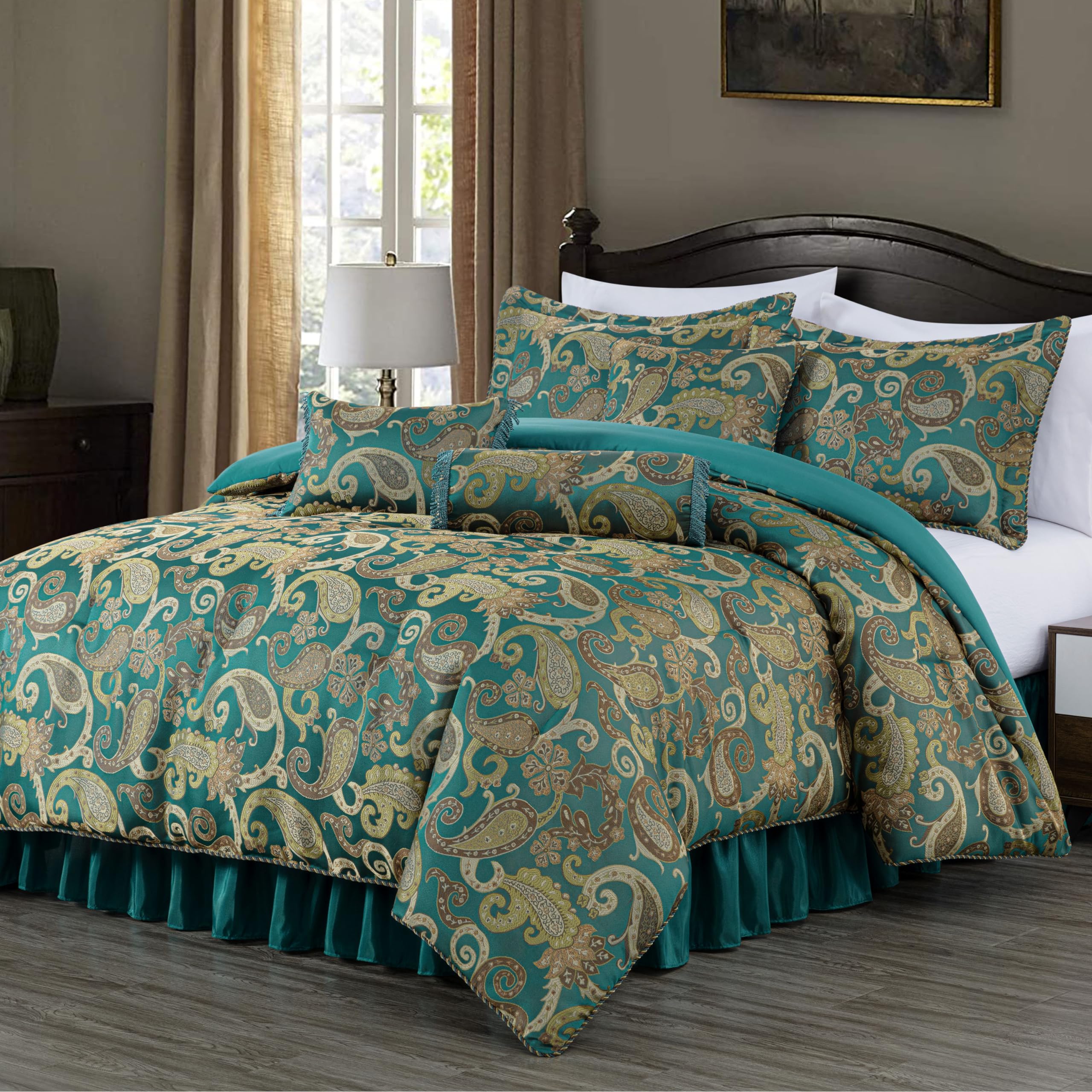Chezmoi Collection Adelle 7-Piece Paisley Jacquard Embroidered Comforter Bedding Set, Queen, Teal โ image 1