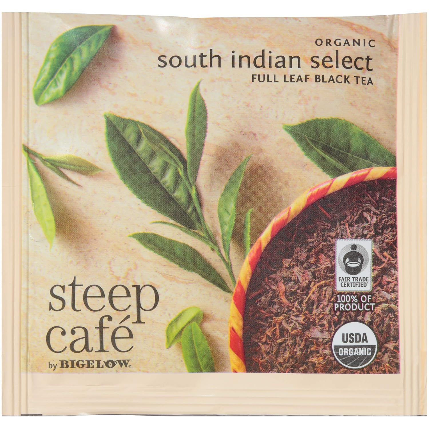 Steep Café Fair Trade Organic South Indian Select Black Tea, 50 Bags Box, Single Source, Premium Whole Leaf Teas, Sachet Pyramid Bag, Individually Wrapped in a Foil Pouch, Hot or Iced, by Bigelow Tea