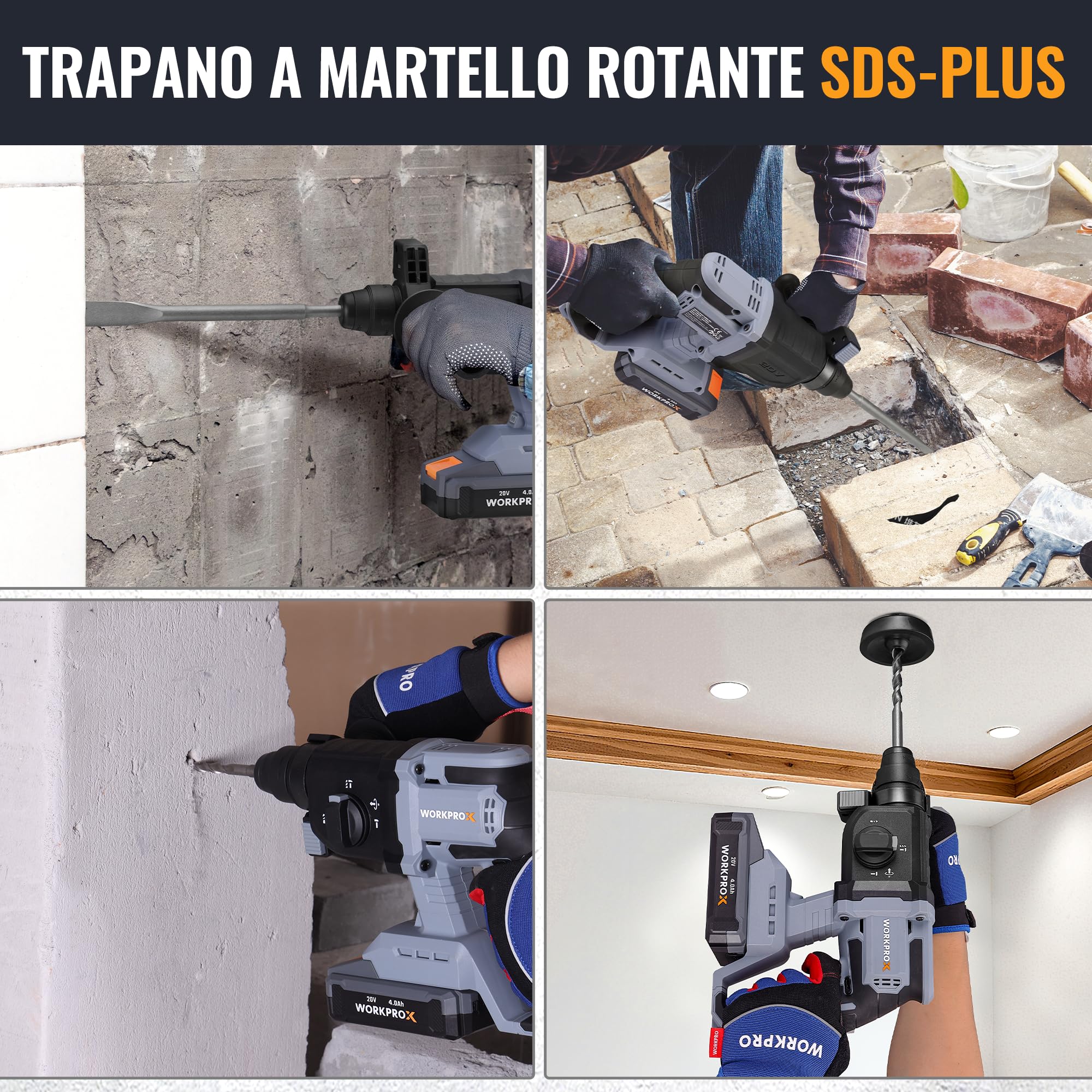 WORKPROX Martello perforatore a batteria 20V SDS-Plus, 2,0 J, Motore Brushless, 4 Funzioni, Batteria 4,0Ah, Ideale per Fai-da-te e Lavori Professionali