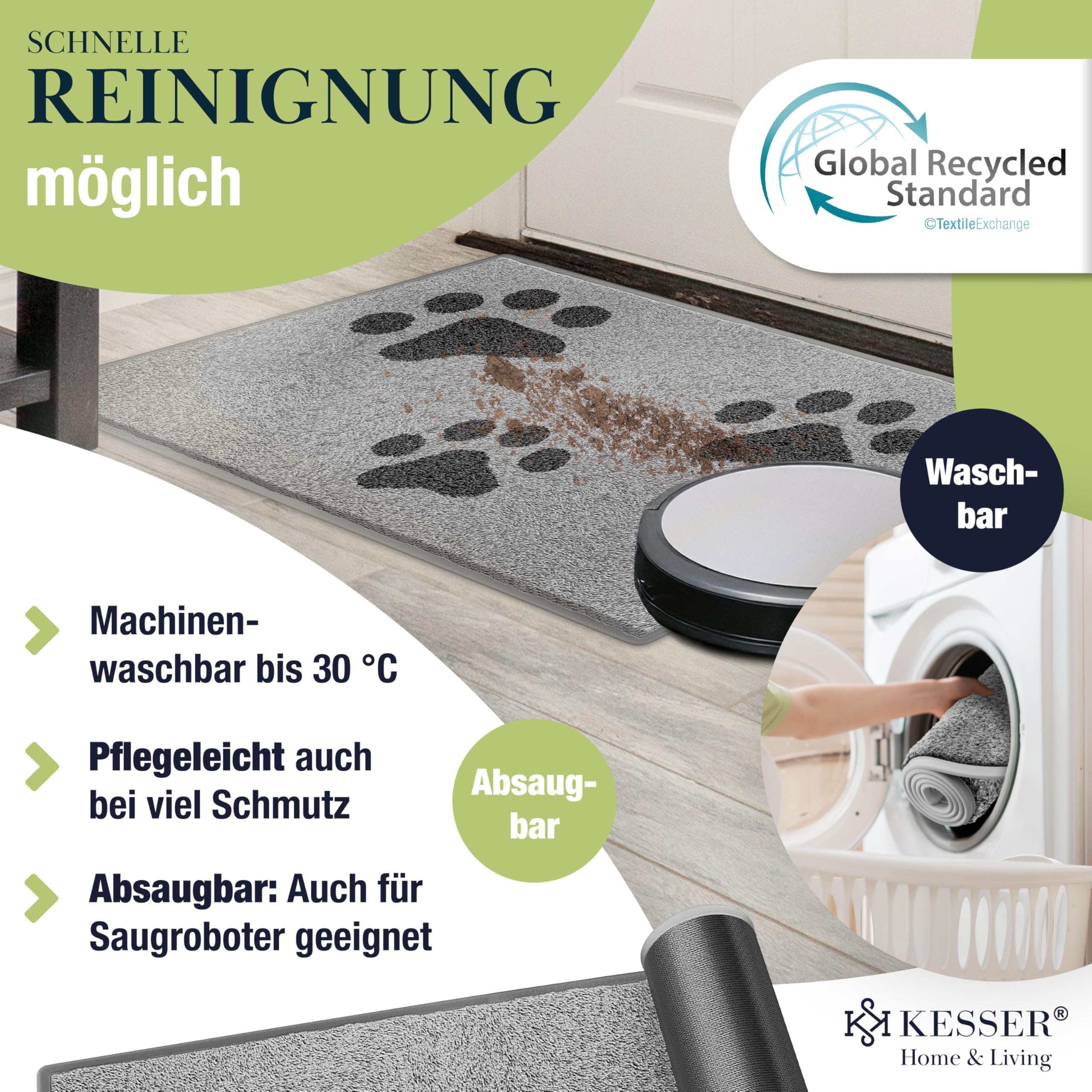 KESSER Schmutzfangmatte Profi Fußmatte in vielen Größen, Türmatte, Teppich, Fußabtreter & Fußabstreifer, rutschfest, wetterfest, maschinenwaschbar, Haustür & Wohnungseingang,Hellgrau Motiv 120x180cm