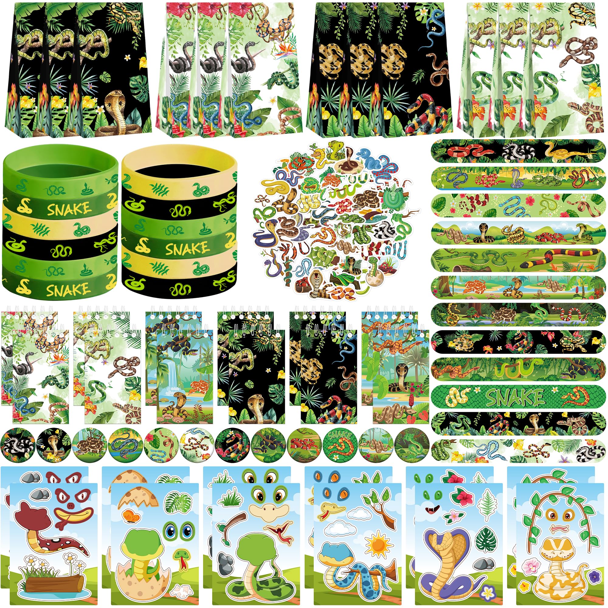 Obussgar Snake Party Favour Supplies including Snake gift bags, stickers, badges, wristbands for Snake Theme birthday party